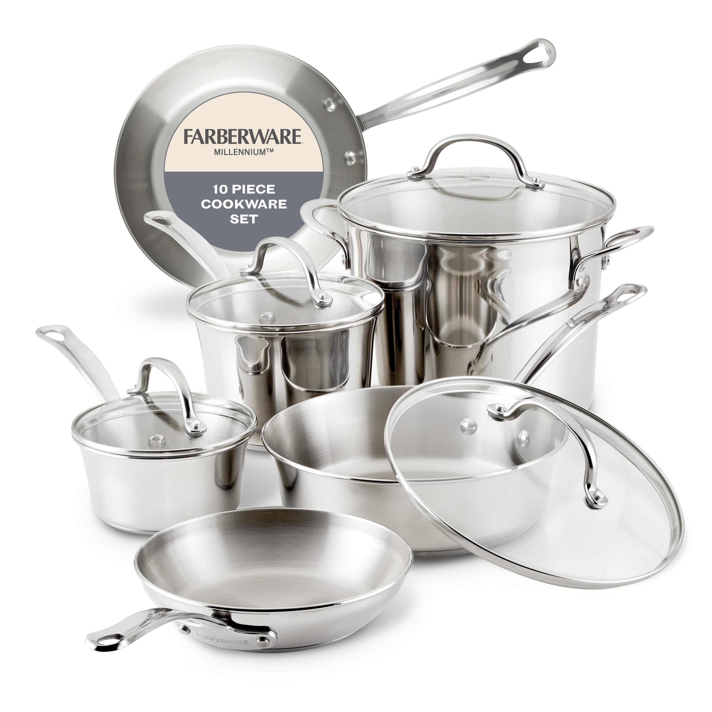 Farberware Millennium Stainless Steel Pots and Pans Set, 10-Piece, Silver