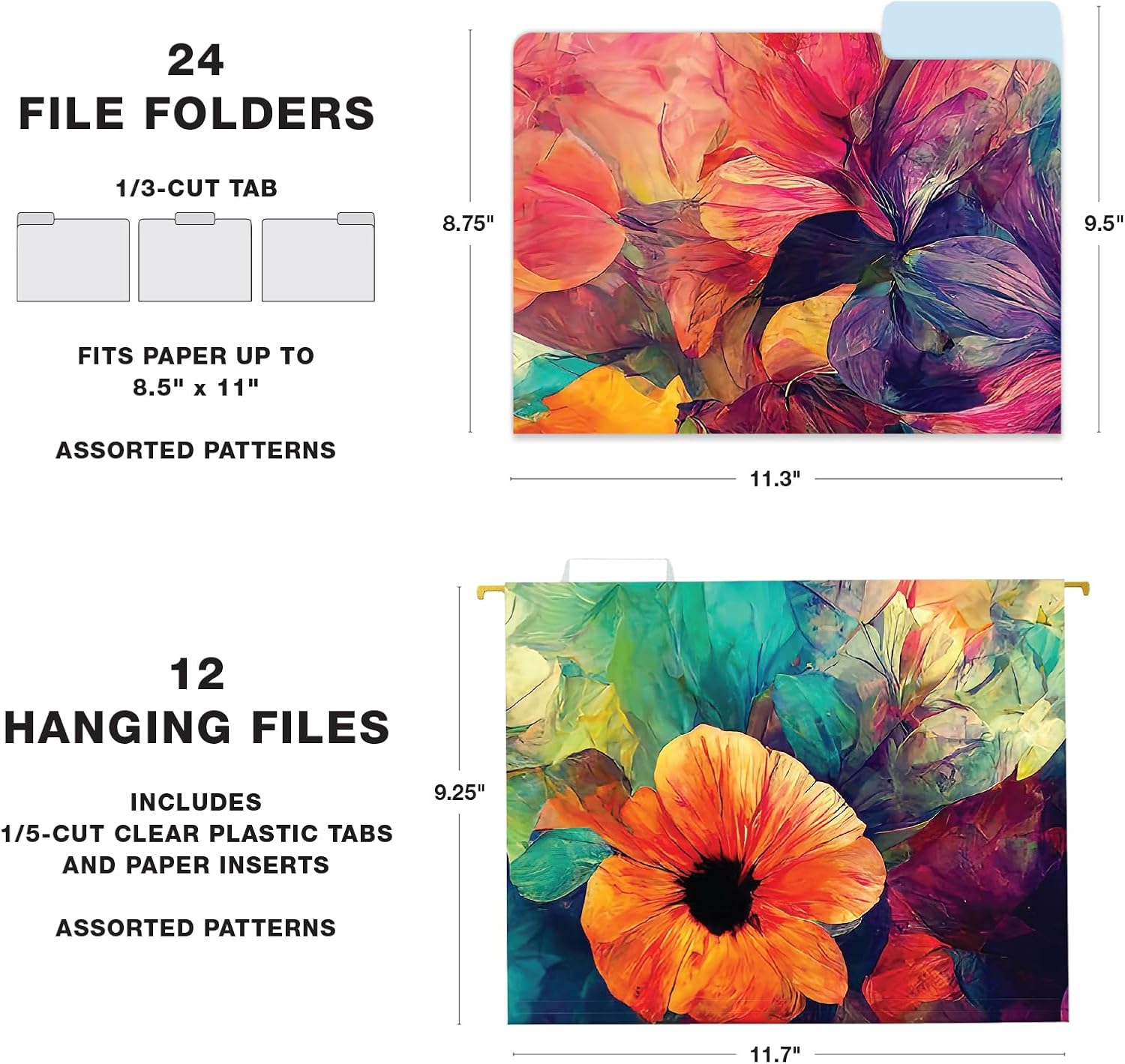 Global Printed Products Deluxe Designer Hanging File Folder Kit, Includes Metal Hanging Basket, 12 Hanging Folders, 24 File Folders, 1/3 Cut Tab, Assorted Positions, Letter Size (Abstract Floral)