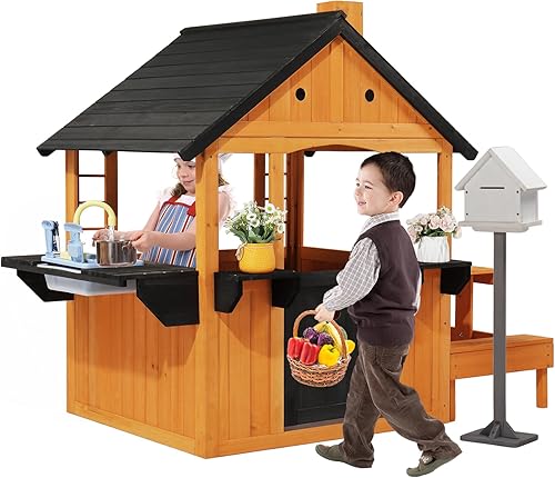 JOYMOR Casa de juegos al aire libre para niños con juguetes para fregadero, mesa de picnic, buzón, espaciosa casa de juegos de madera para patio