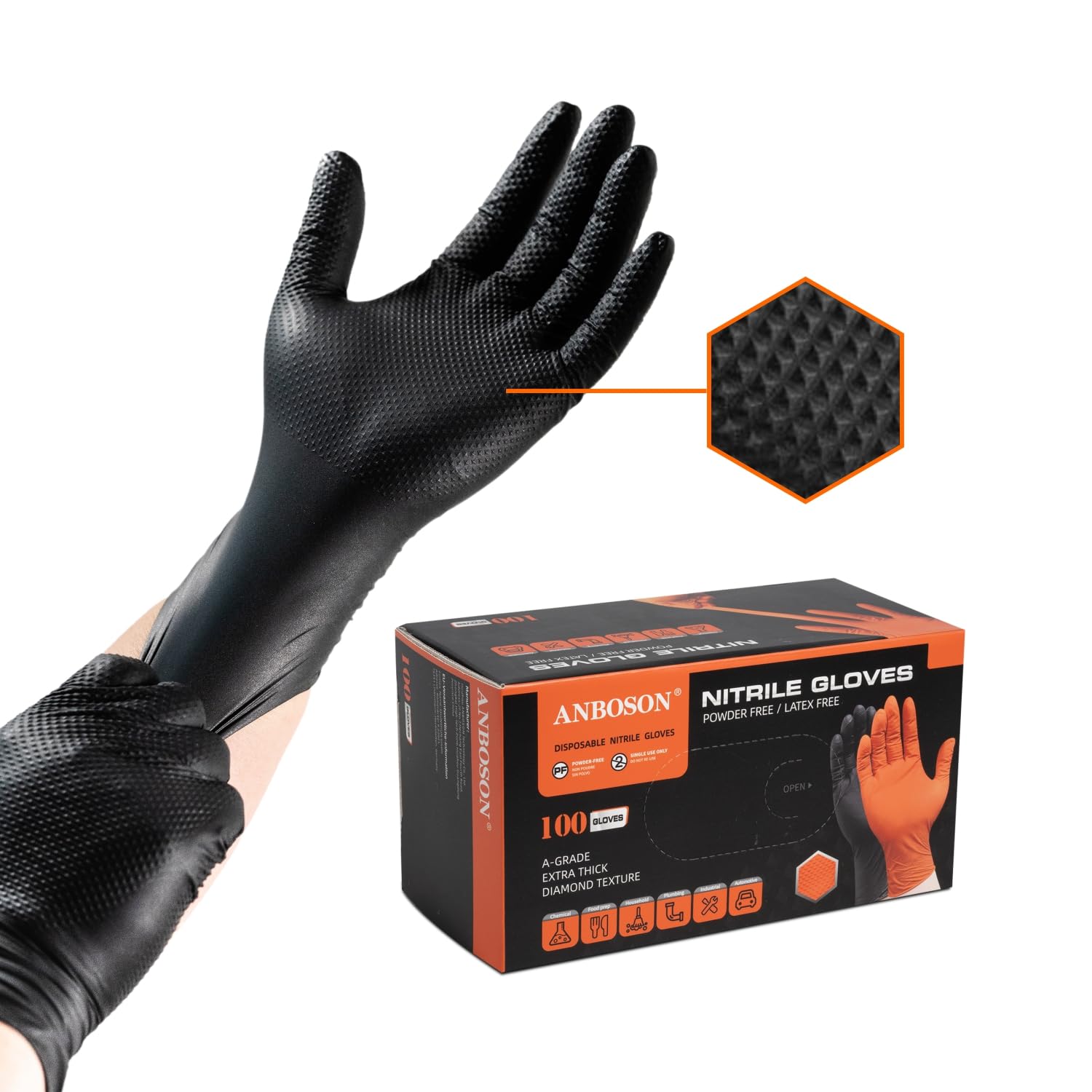ANBOSON Nitrile Gloves Disposable Latex free, 9Mil Heavy Duty Rubber Gloves with Diamond Texture, Mechanic Gloves, Industrial(Black of 100,Large)
