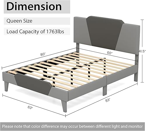 Miniatura 2 de Giantex Marco de cama tapizado de terciopelo Queen con cabecero, cama de plataforma moderna con listones de madera fuertes y estribo de 2 pulgadas