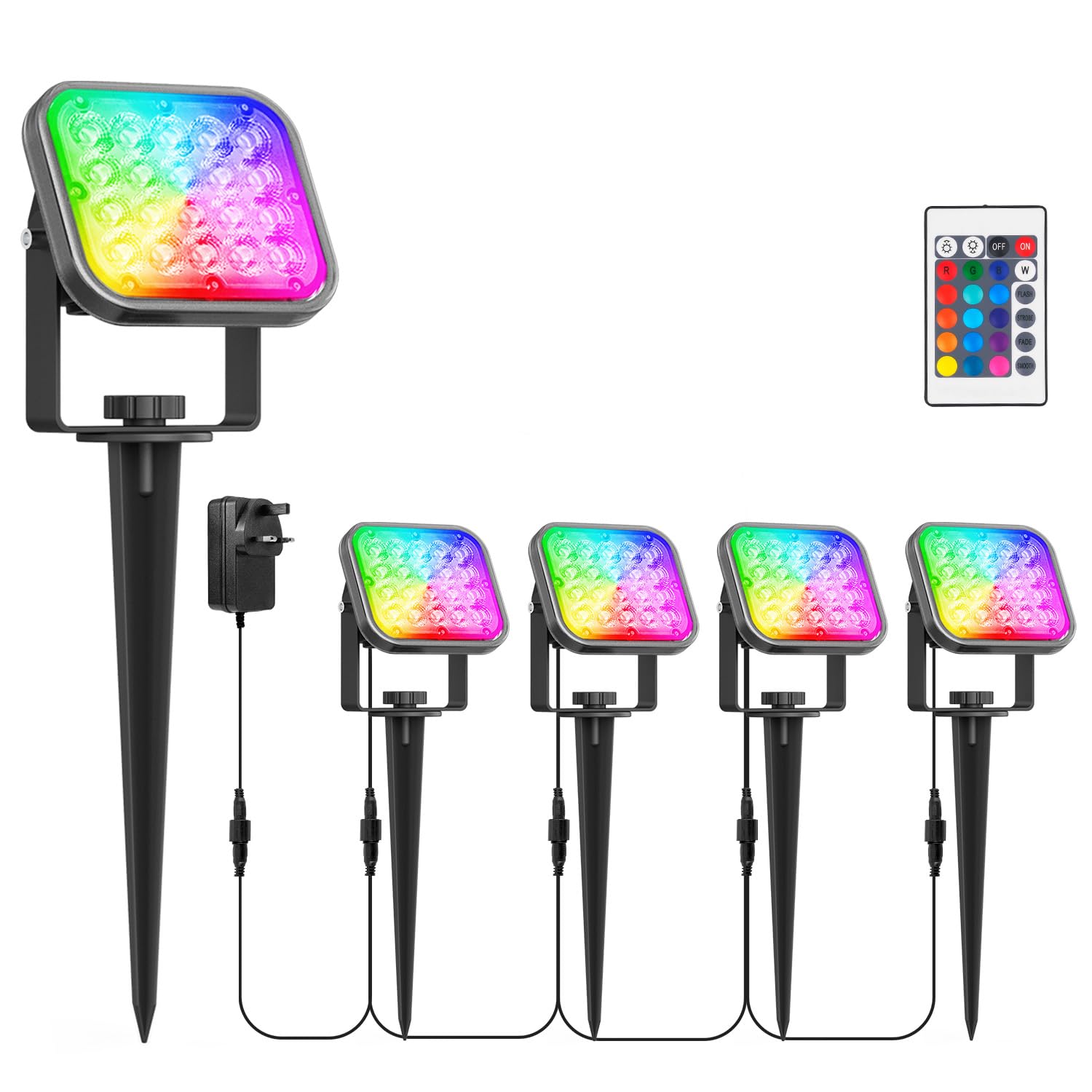 NATPOW Garden Spot Lights Mains Powered, RGB Garden Lights Color Changing with Remote Control, IP65 Waterproof Landscape Lights Outdoor Lighting for Tree Decorations Pathway, Garden 4-in-1