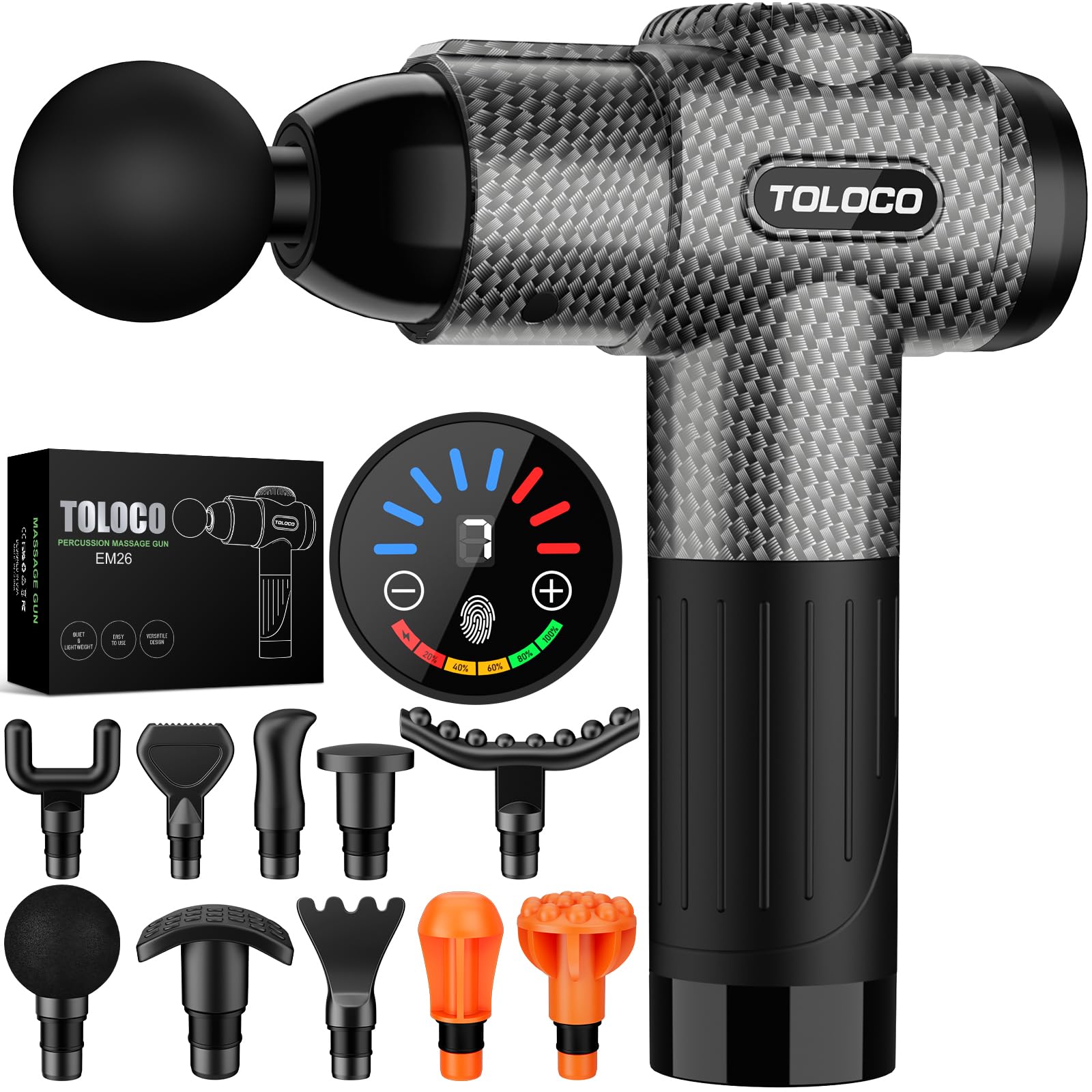 TOLOCO Massage Gun, Deep Tissue Back Massage for Athletes for Pain Relief, Percussion Massager with 10 Massages Heads & Silent Brushless Motor, Christmas Gifts for Women, Men, Carbon