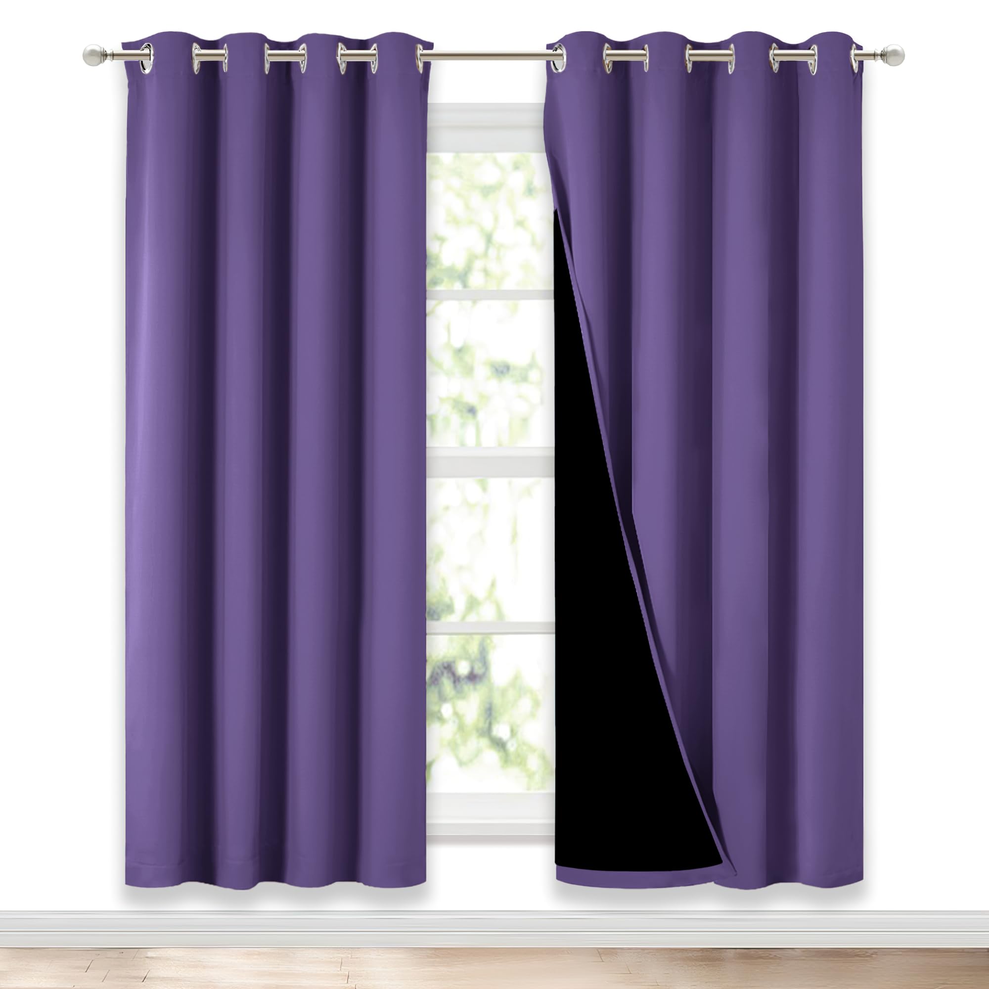 NICETOWN Lilac Purple Full Shade Curtain Panels, Pair of Energy Smart &amp; Noise Blocking Out Blackout Drapes for Dining Room Window, Thermal Insulated Guest Room Lined Window Dressing, 52 x 72 inch