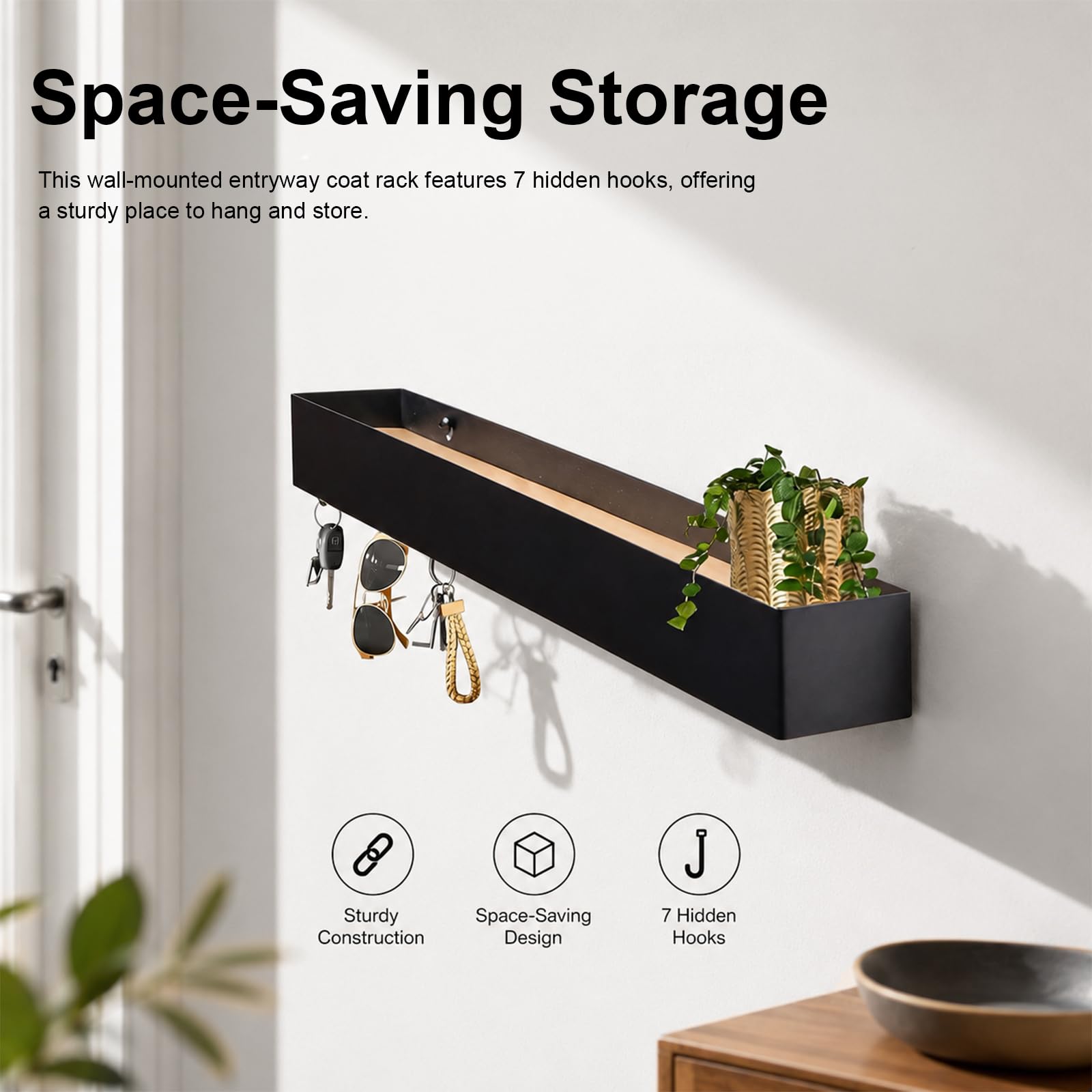 Garderobe Wand 60 cm, Schwarzer Wandhaken Garderobe, Wandgarderobe mit Ablage mit 7 Versteckten Haken, Schlicht und Passend für Verschiedene Einrichtungsstile, für Schlafzimmer, Wohnzimmer