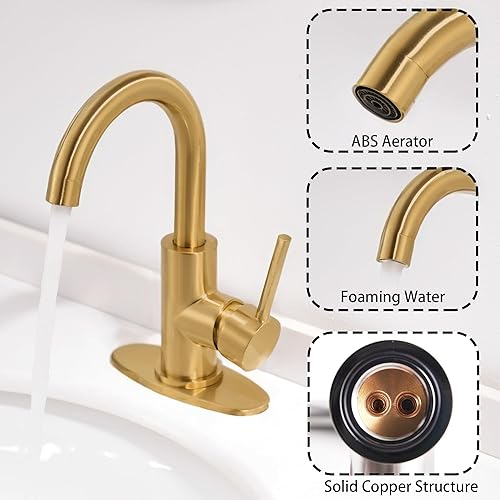Miniatura 3 de Grifos de Baño Dorados  Grifo de Lavabo de Cascada de Un Solo Agujero con Conjunto de Drenaje, Grifos de Baño de Cascada de Oro Cepillado con Caño