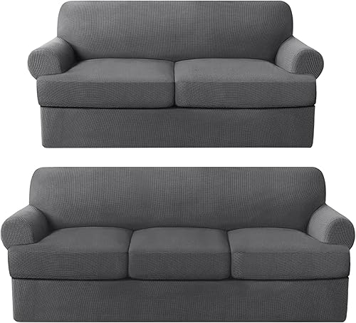 Miniatura 1 de Paquete de fundas de sofá con cojín en forma de T de 34 piezas, protector de muebles, patrón a cuadros, extraíbles y lavables, color gris