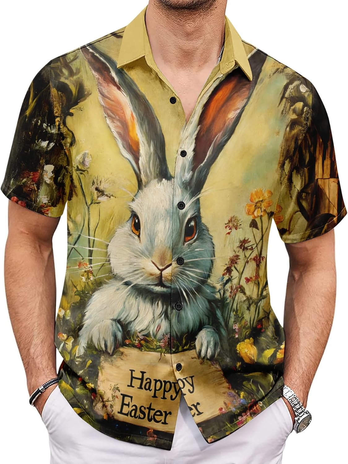 Easter Button Down Shirts for Men Funny Bunny Easter Eggs Print Short Sleeve Bowling Shirt