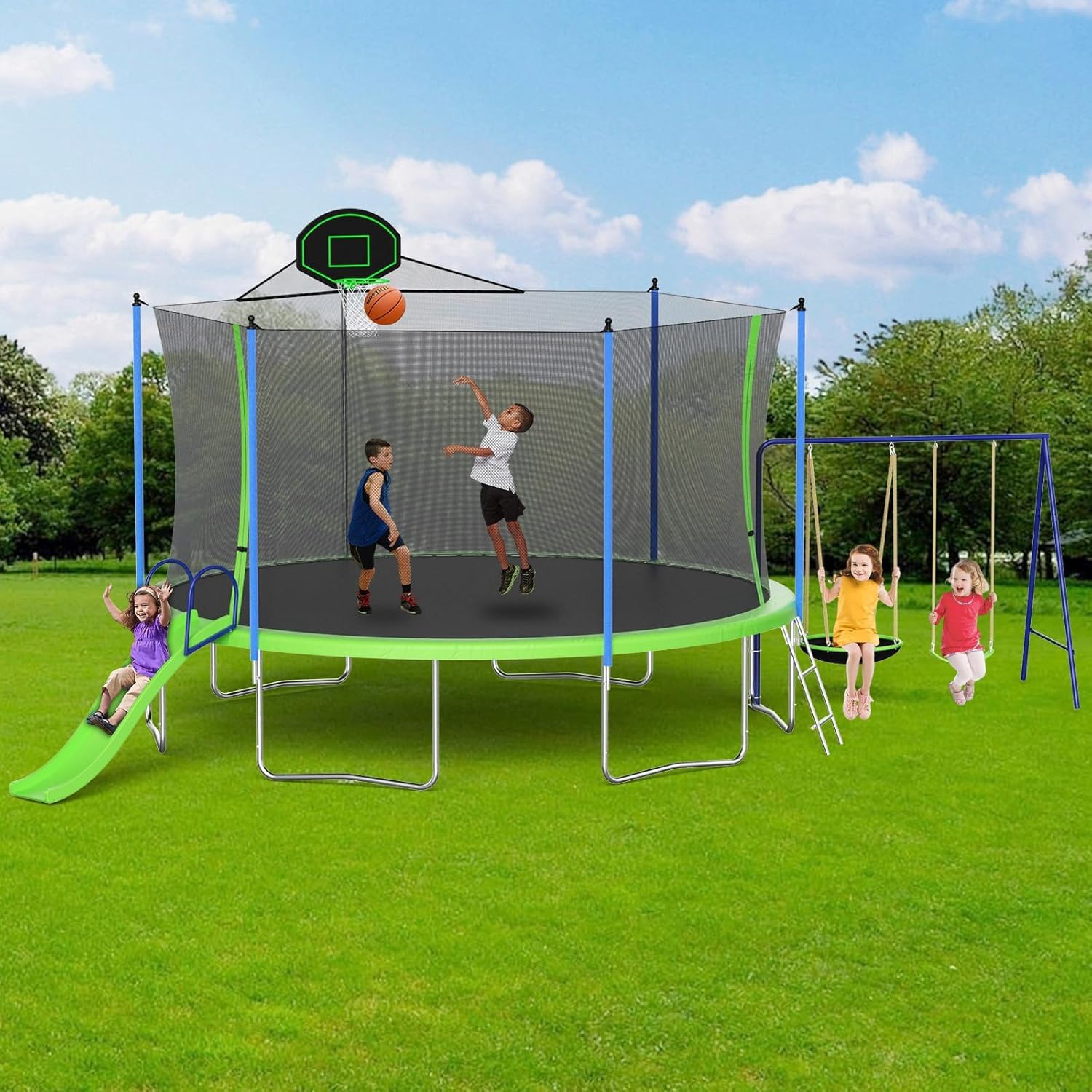 Skepphlay 16ft 14ft 12ft Trampoline Outdoor for Kids and Adults, ASTM Approved Recreational Trampoline, Round Trampoline with Basketball Hoop &