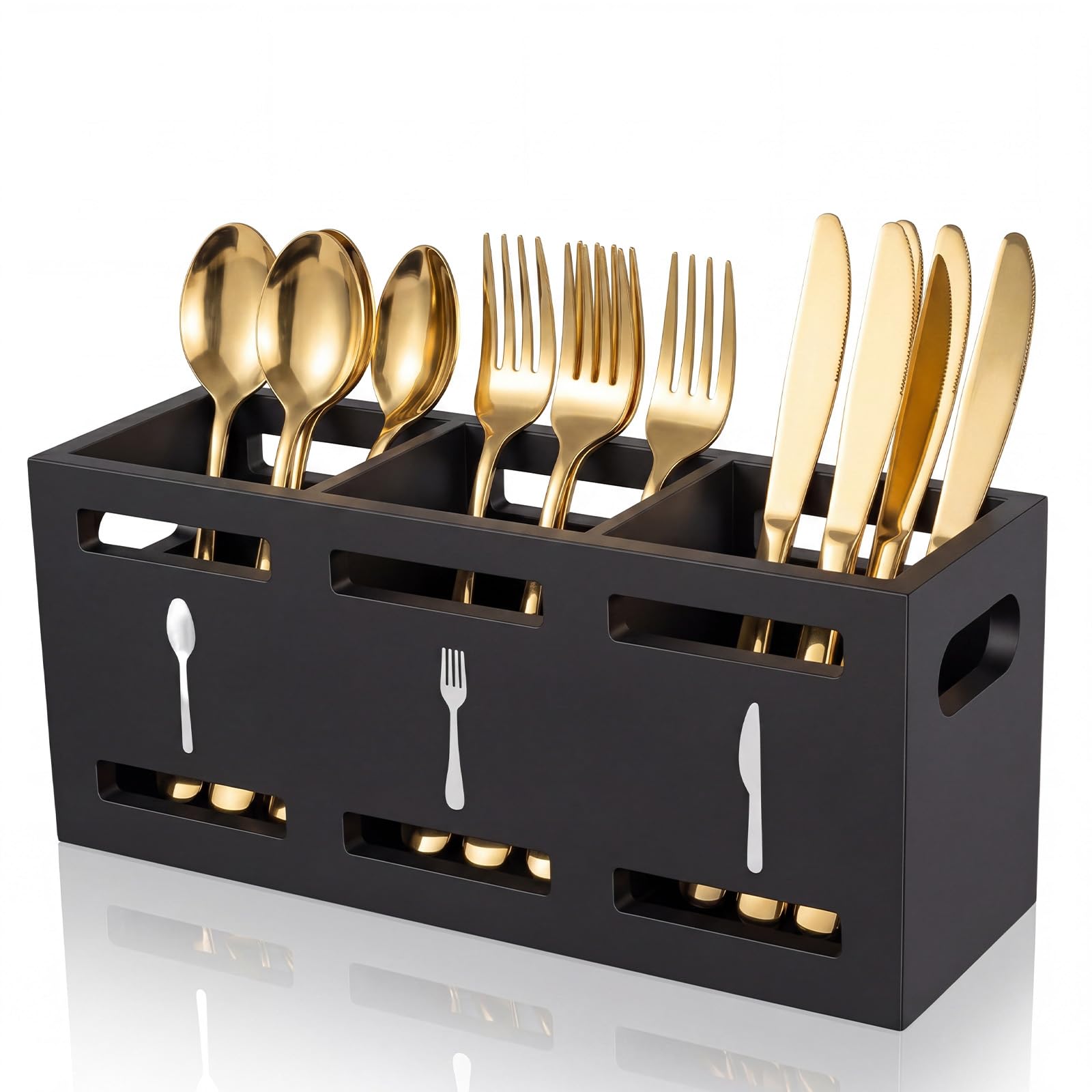 Dexpally Kitchen Utensils Holder, Cutlery Caddy, Cutlery Organiser Countertop, Modern Black Wooden Utensil Crocks with 3 Compartment, Large Capacity Kitchen Utensil Holder for Knife, Fork