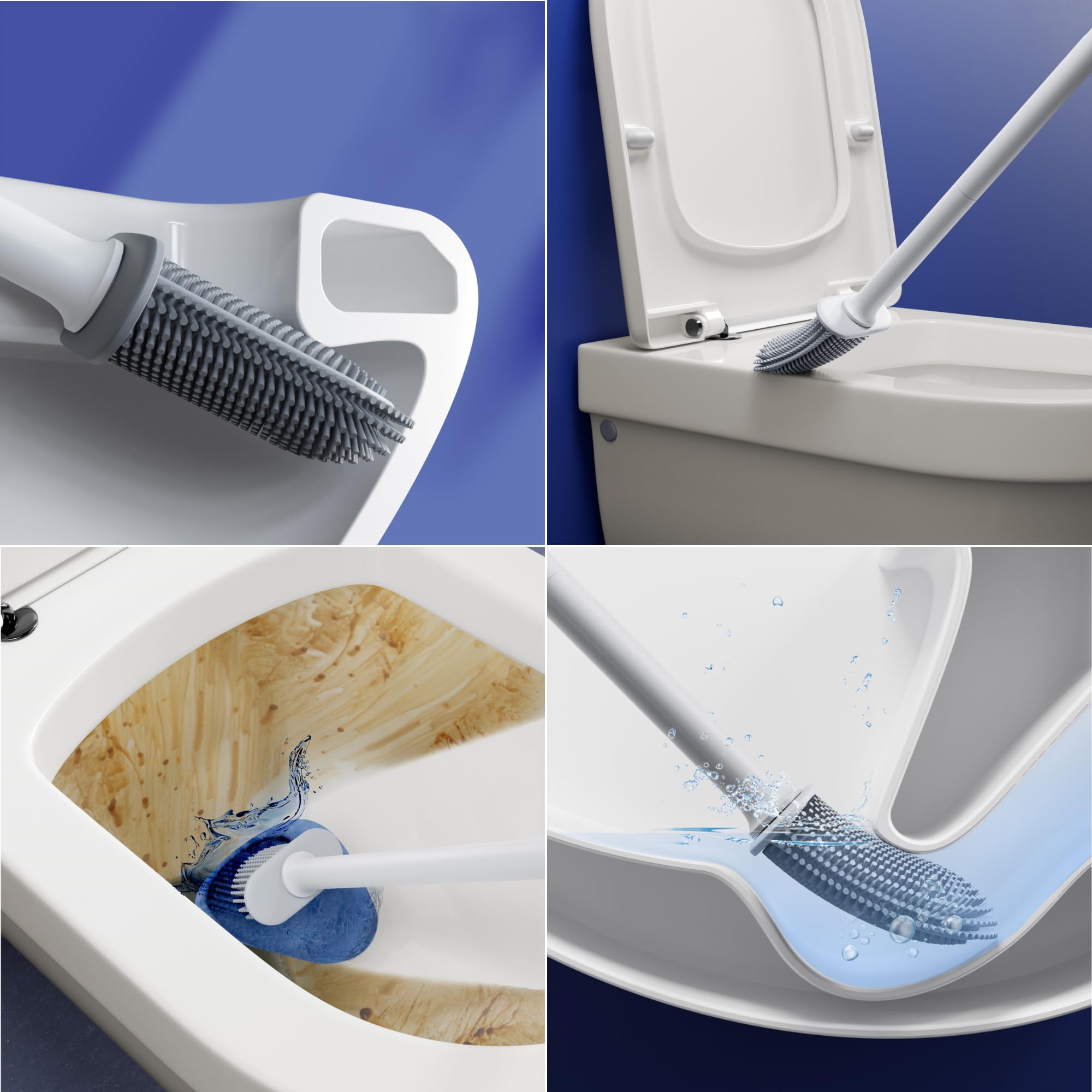 Scopino per WC in Silicone Premium | Spazzola Setole TPR Spesse, Asciugatura rapida, Pulizia WC 360º | incl. supporto Portascopino Antigoccia, montaggio a Parete Piedi