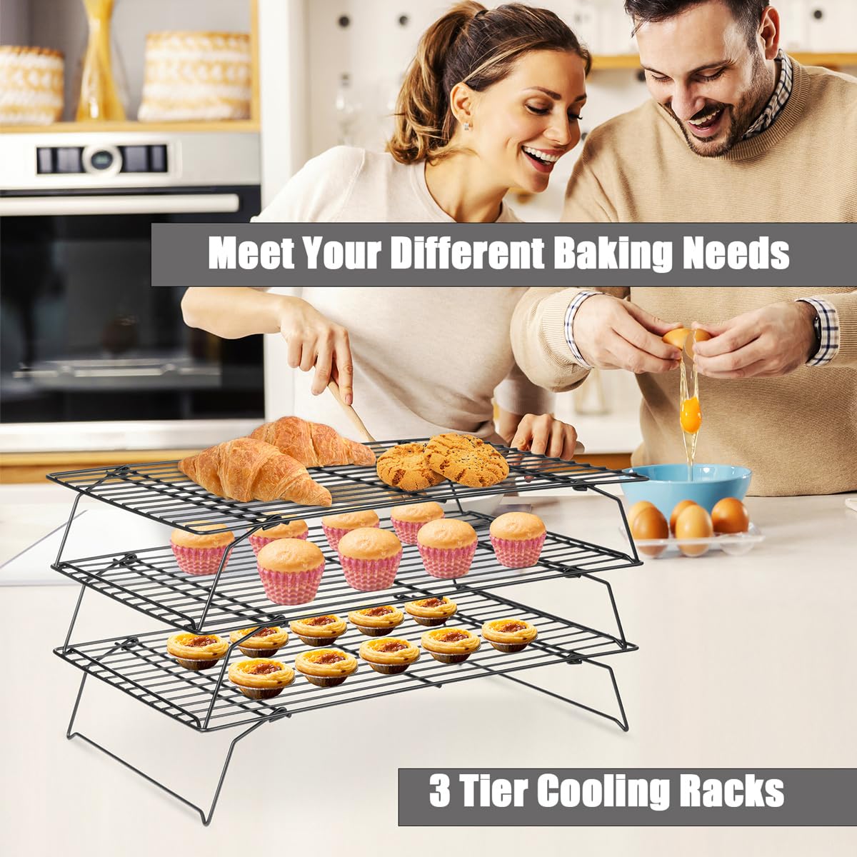 3 Etagen Abkühlgitter, 40×25cm Kuchengitter Abkühlgitter Antihaftend, Zusammenklappbar, Küche Backen Gitter Für Gebäck, Gebackene Kuchen, Muffins,Kekse Biskuit, Kompatibel Mit Backformen Backofenblech