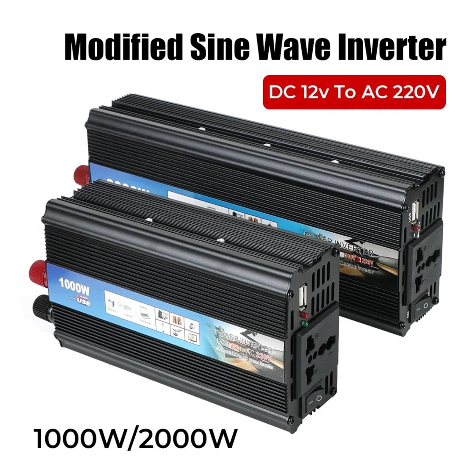 Invertitore di Potenza Inverter a Onda sinusoidale modificata 1000W 2000W di Potenza Convertitore Tensione for Auto con Caricabatterie USB CC a CA(1000W)