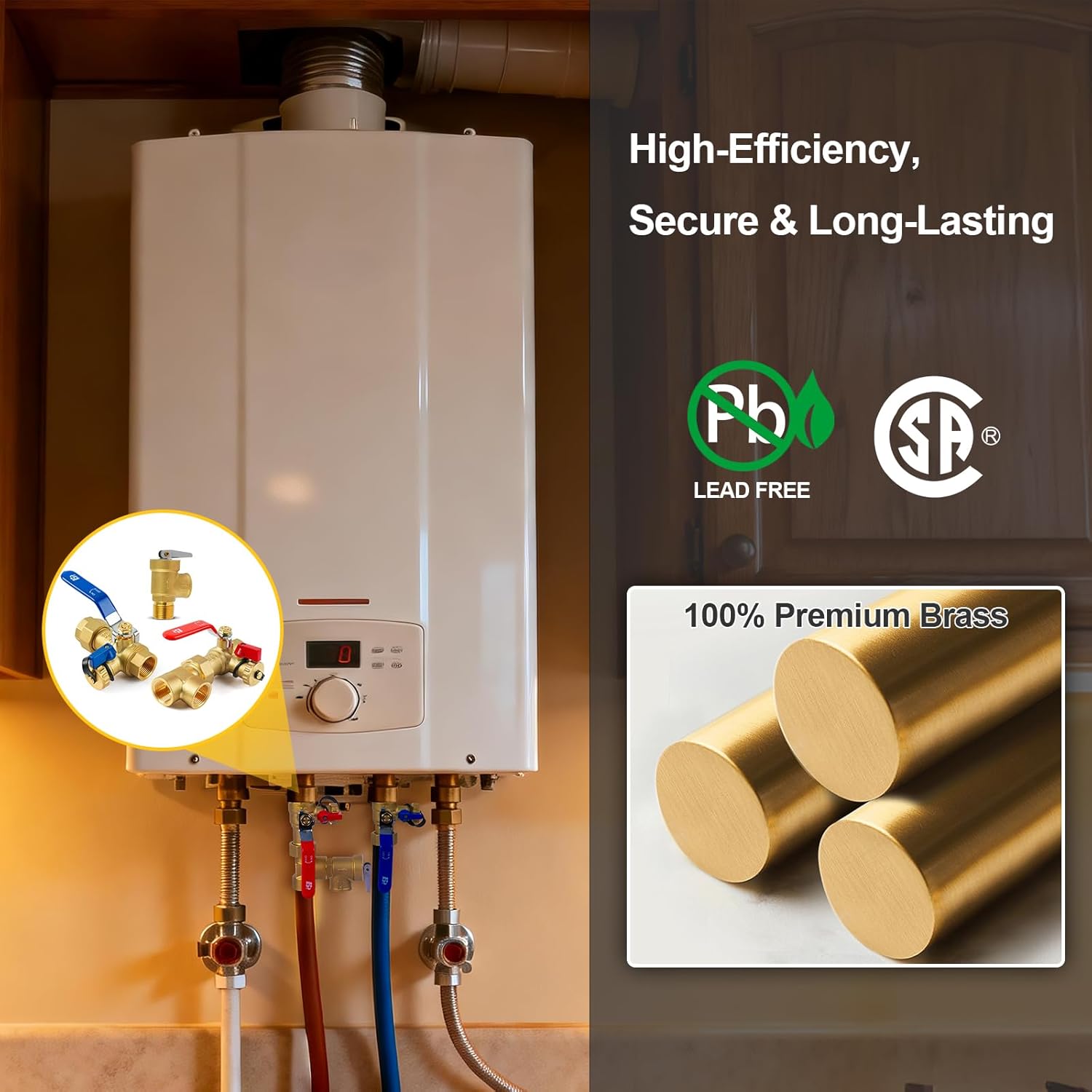 3/4 Inch Tankless Water Heater Valve Kit with Pressure Relief Valve and Gas Connectors,Clean Brass & NPT Thread