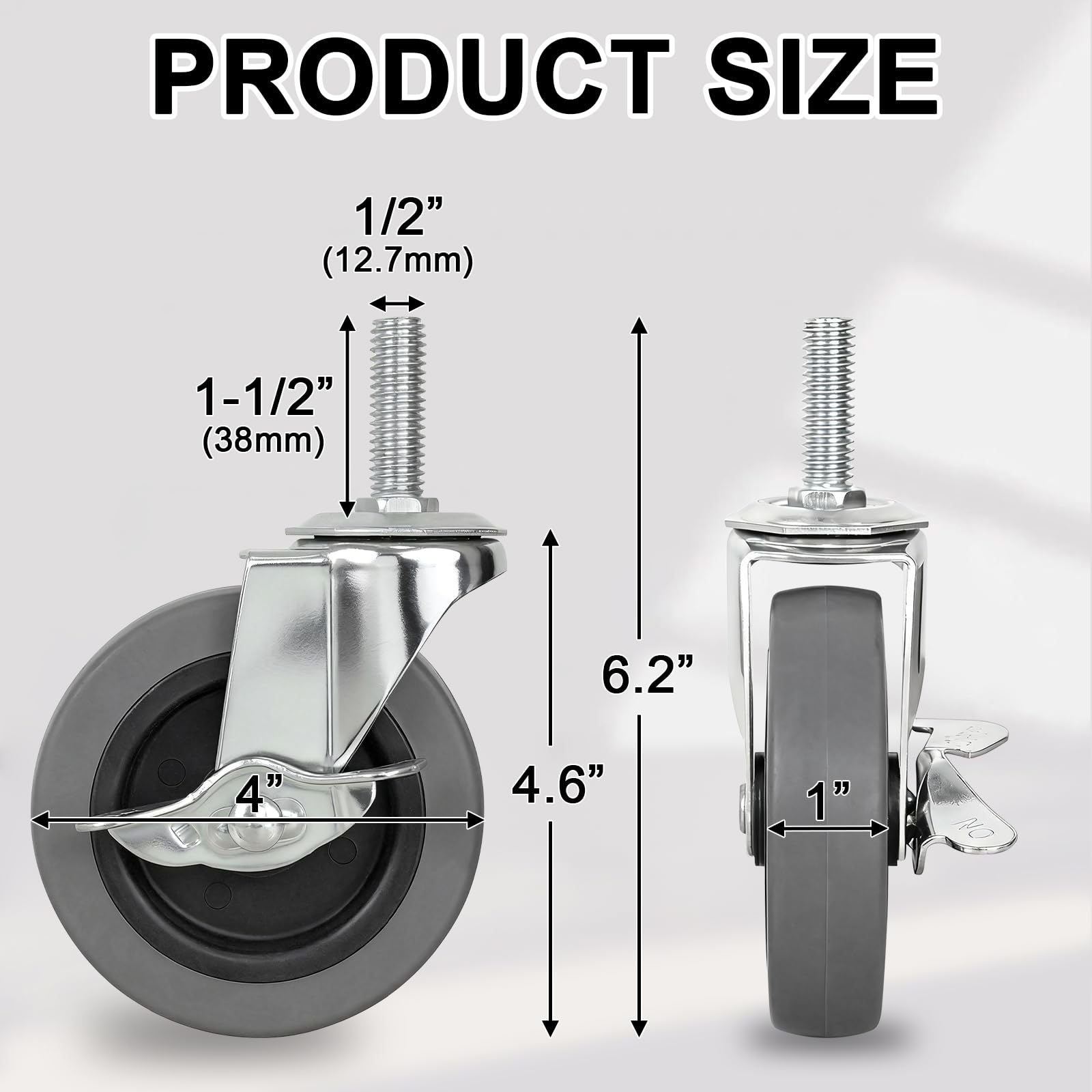 AAGUT Caster Wheels 4 Inch, TPR 1/2"-13 x 1-1/2" Threaded Stem Casters — Amazon image 2