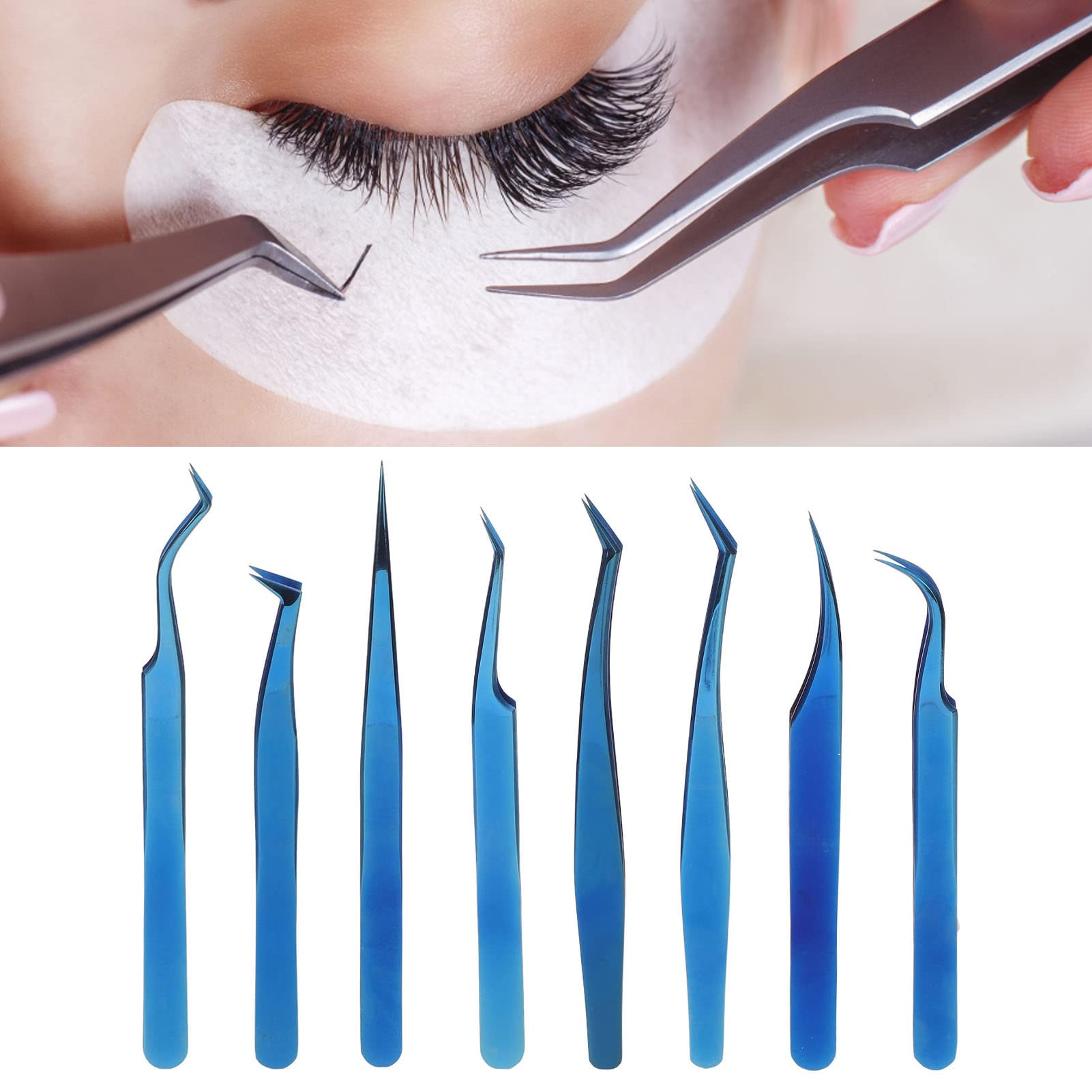 Juego de pinzas de extensión de pestañas, acero inoxidable profesional, titanio azul, 8 piezas, punta fina, diseño ergonómico para artistas de pestañas principiantes