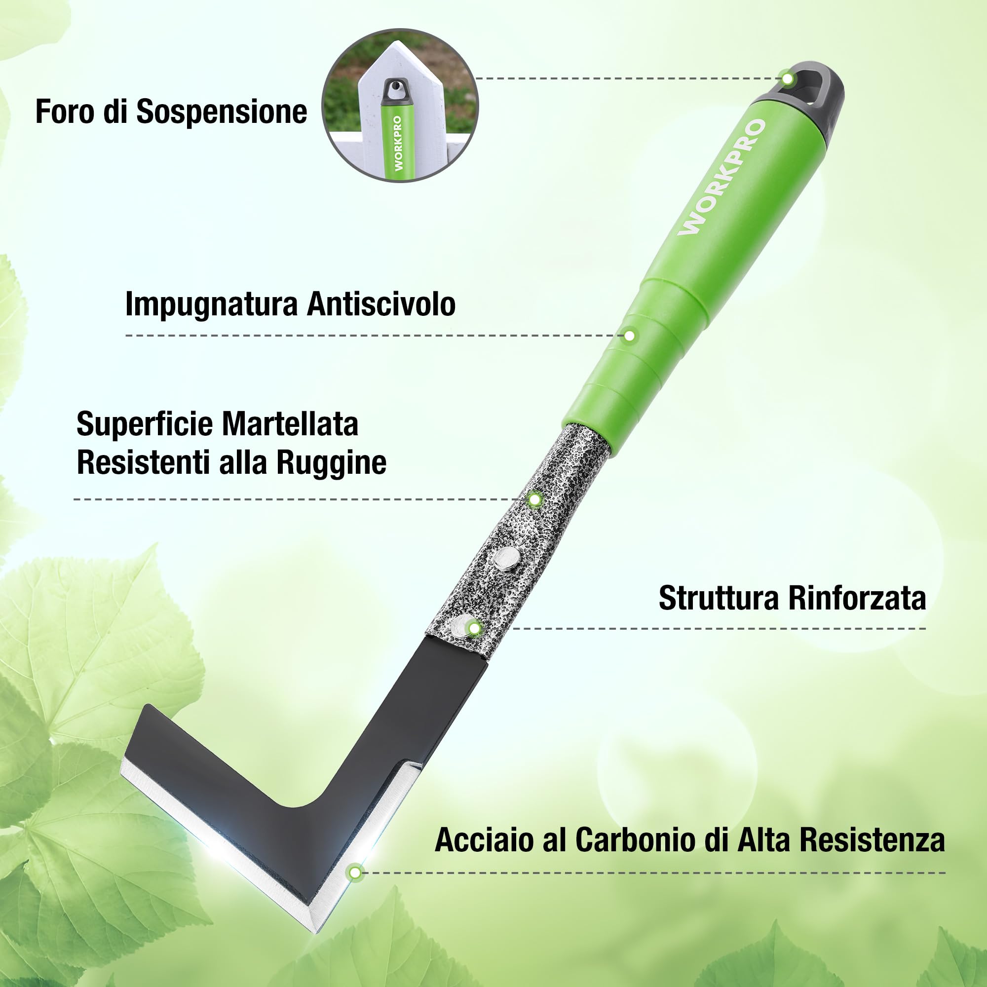WORKPRO Set di 6 attrezzi da giardino con zappa a doppia estremità, artiglio a tre punte, rastrello a cinque denti, rastrello per foglie a nove denti, pala per terreno e gancio per erba, perfetto per