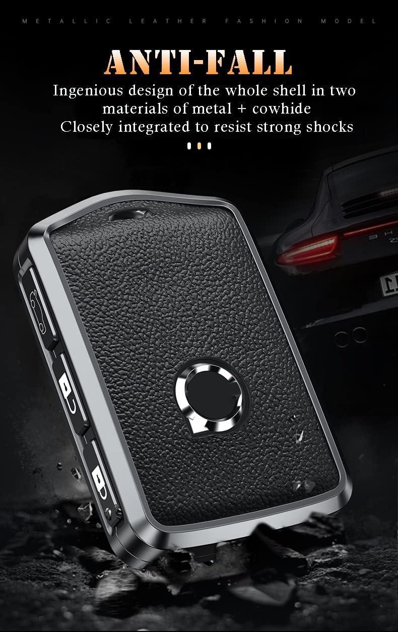 HIBEYO Alloy Leather Texture Car Key Fob Cover for Volvo XC90 XC60 XC40 S60 S90 V60 V90 Polestar 1 T5 T6 T8 2016-2023 Smart Remote Key Holder - Black