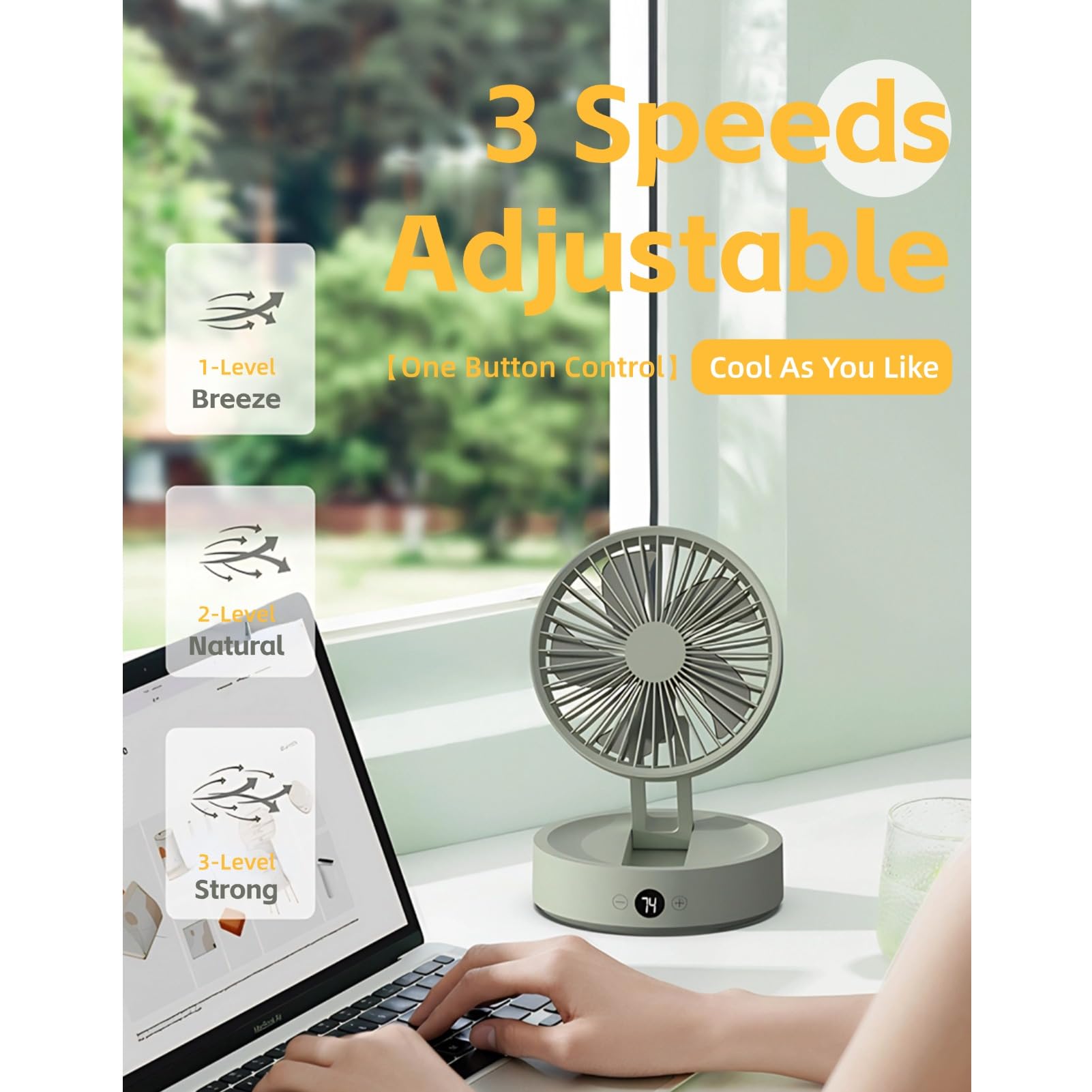 Cuifati Ventilador de Escritorio Plegable, Velocidades de Viento Ajustables, Control Remoto, Pantalla LCD, Recargable por USB, Ventilador de Escritorio Oscilante con Luz Nocturna para