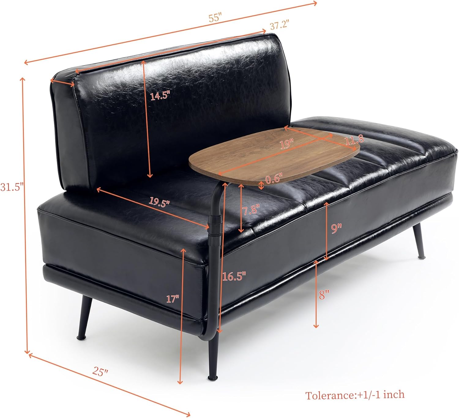 Modern Upholstered End of Bed Bench with 360-Degree Swivel Tray, 2 Seater Sofa Couch with Side Table, Settee Bench with Metal Legs Backrest for Living Room,Entryway,Foyer (PU-With Tray, Black)