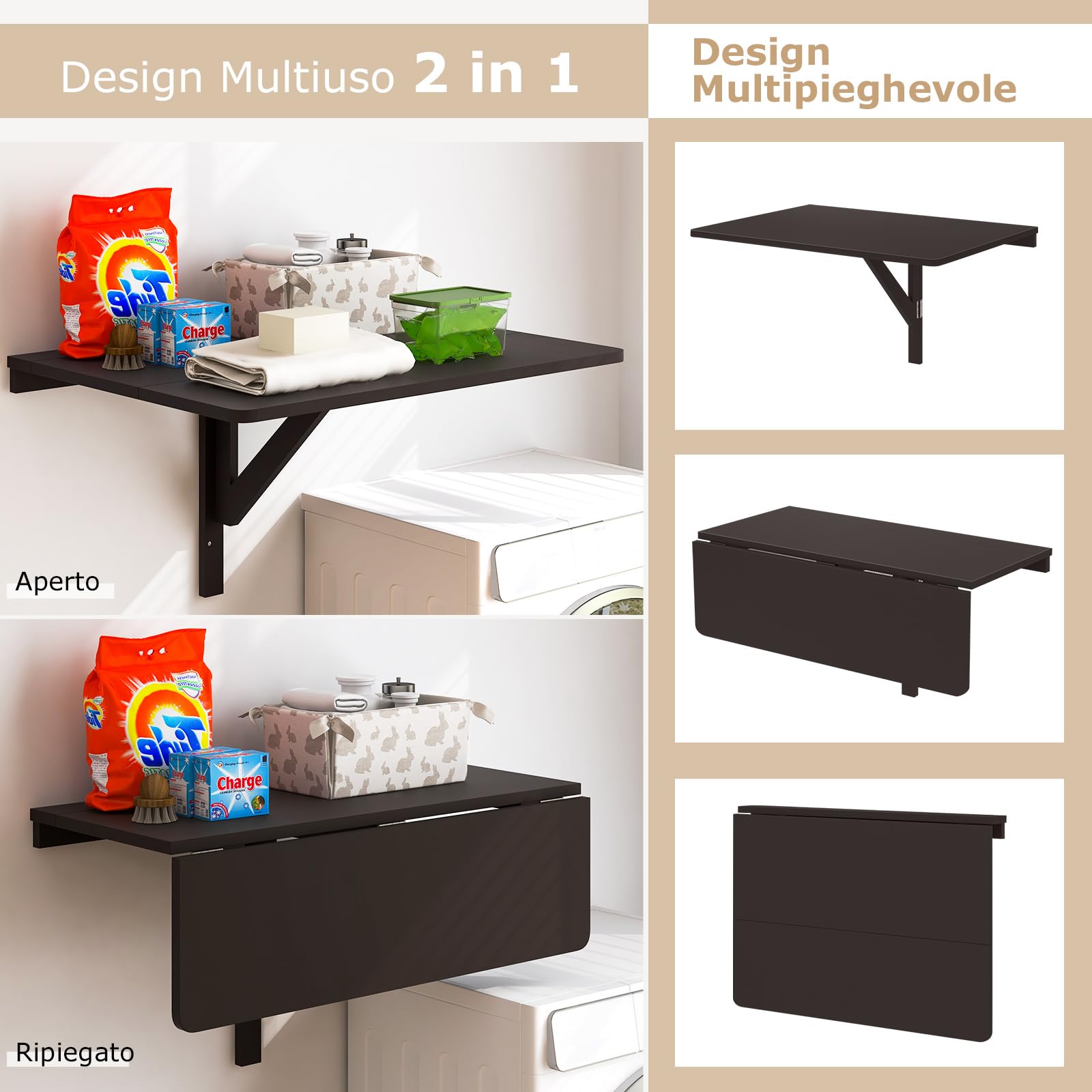 COSTWAY Tavolo Pieghevole a Muro, Tavolino Porta PC da Parete in Legno, Tavolo a Scomparsa Multifunzionale, Ideale per Soggiorno, Cucina e Studio, 80 x 60 x 45 cm (Marrone)