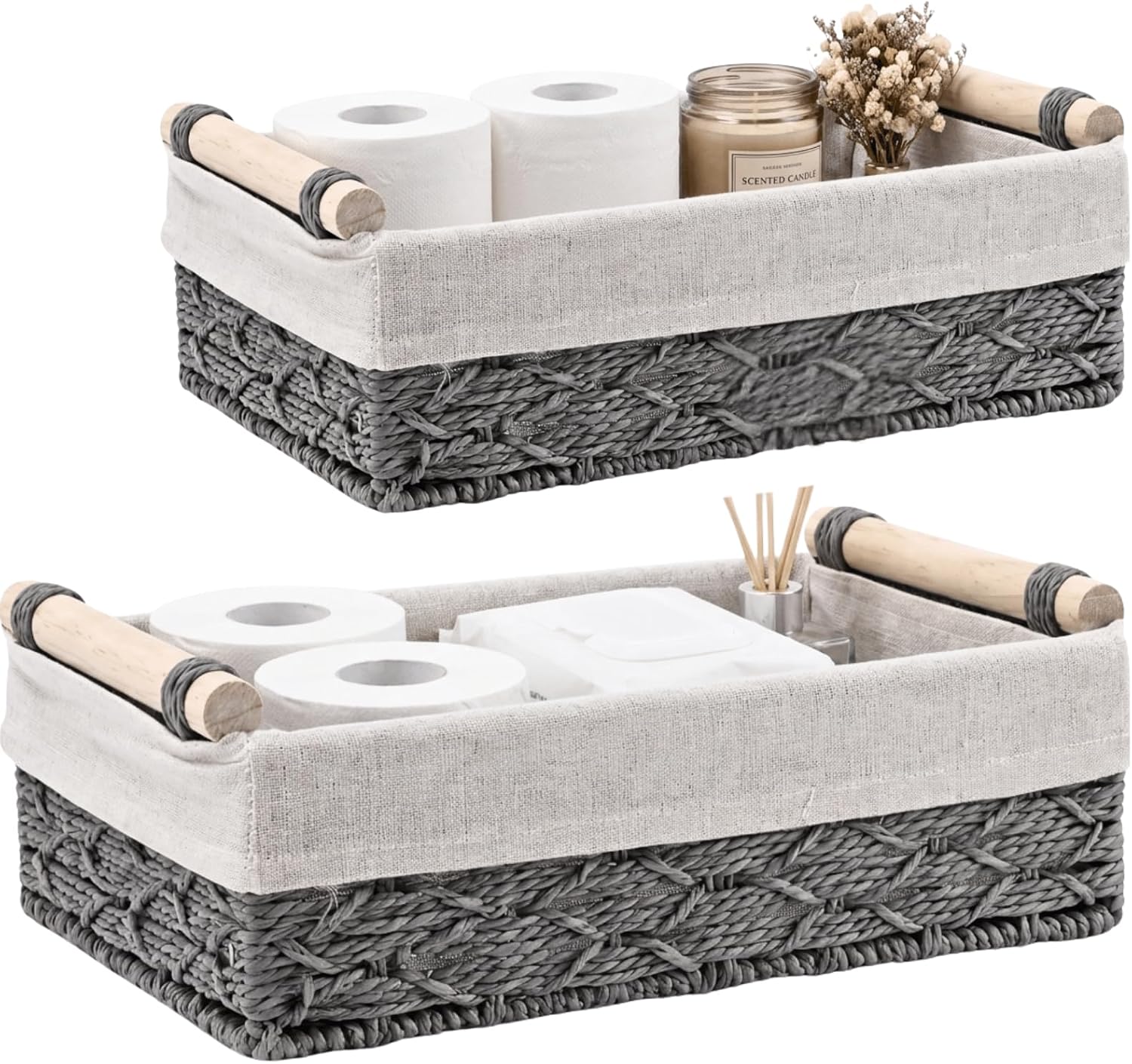 2 Pack Wicker Storage Basket with Wooden Handle,9.8+11.4 in, Grey