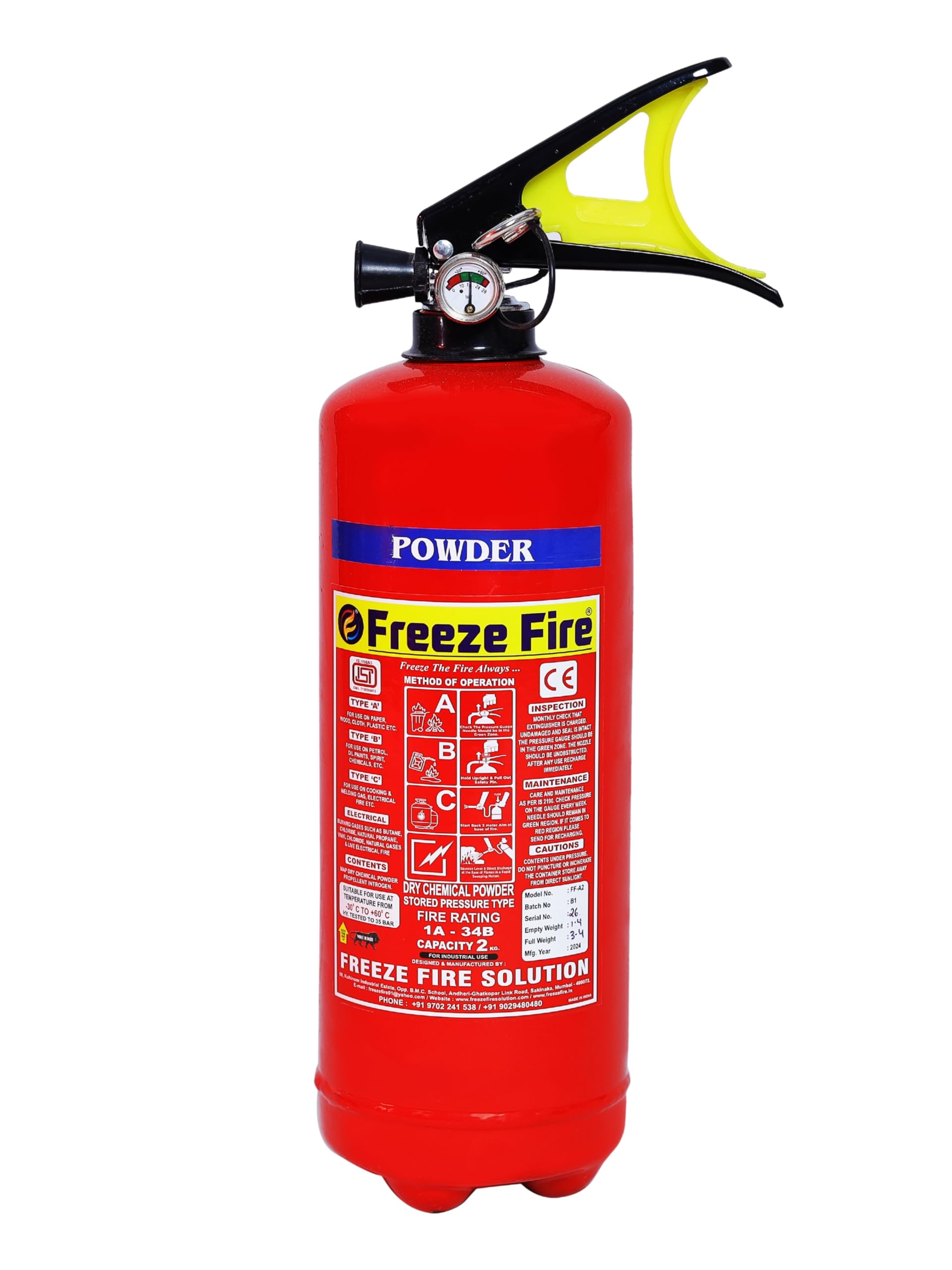 FREEZE FIRE ABC Powder Type Fire Extinguisher for Home, Office, Kitchen, Factory, Car, Truck and Much More Uses (2 Kg)-image-33