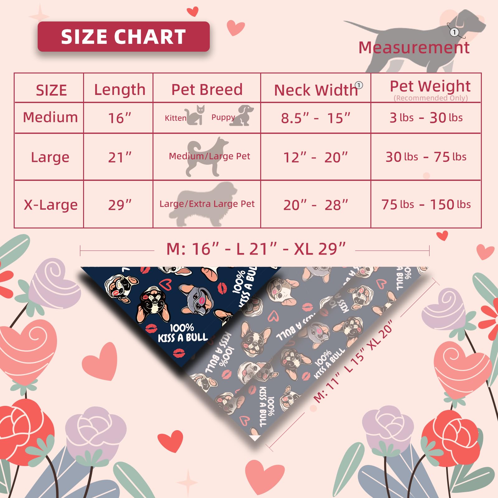 Bandana per cani San Valentino bulldog francese Kiss A Bull taglia media grande 13-34 kg
