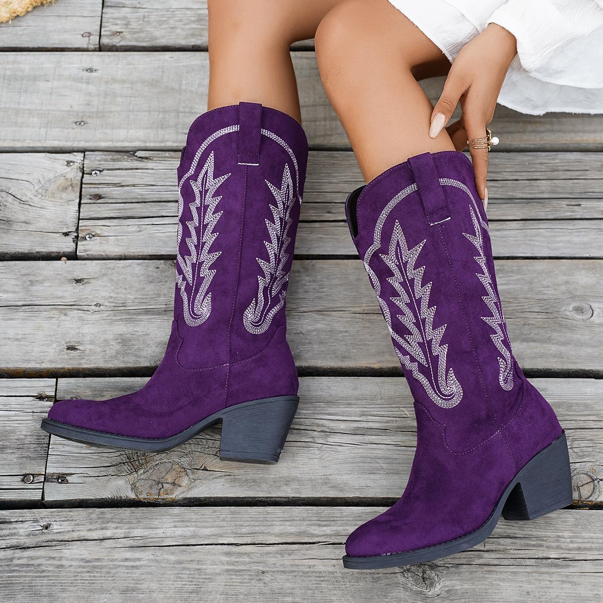 Women Cowboy Boots Comfortable Pull On Western Booties Pointed Toe Chunky Heel Cowboy Boots Pull On Womens Fashion Mid Calf Boots