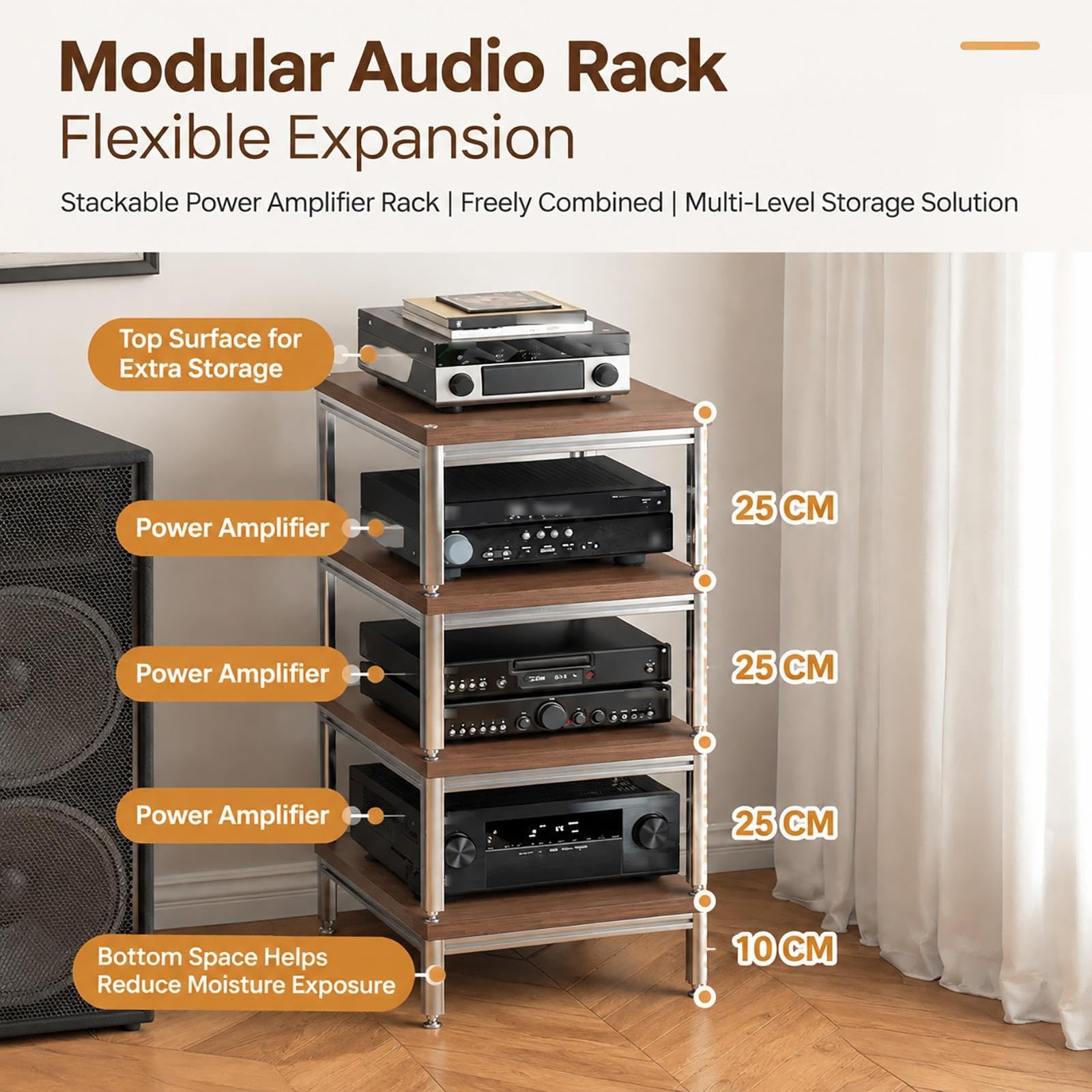 Stapelbares 1-Tier HiFi Rack, Audio Rack, 18 mm Holzablage