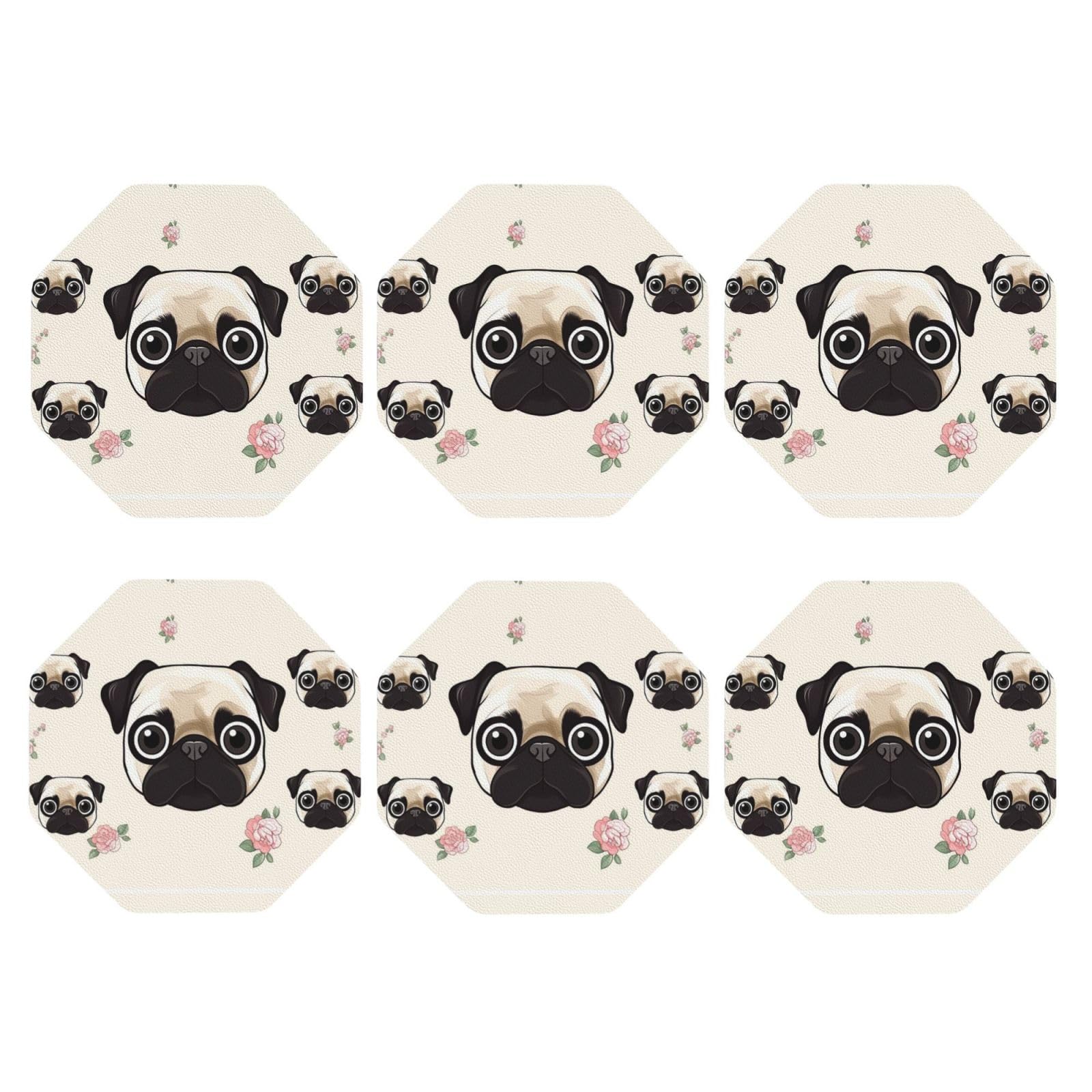 6pcs Leather Coasters for Drinks, Line Pug Drink Coasters for Tabletop Protection, 4" Cup Coasters for Coffee Table Decor, Non-Slip Drinking Cup Mat for Hot Or Cold Drink