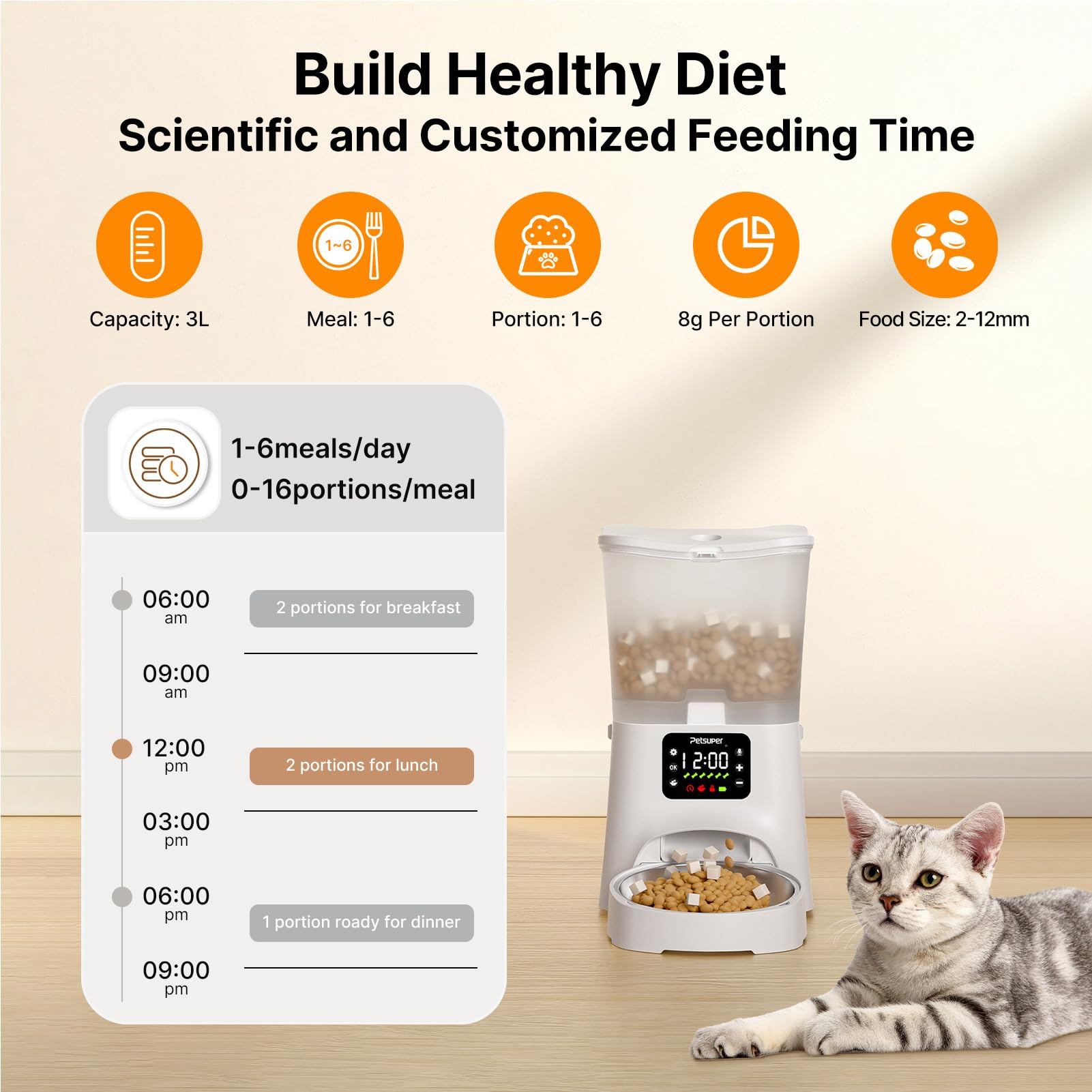 Distributore Automatico Cibo Gatti, 3L con Timer, Registrazione 10s Vocale Mangiatoia per Gatti, 1 – 6 Pasti al Giorno