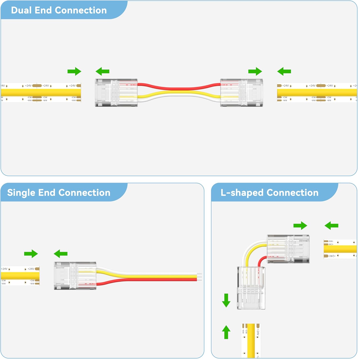 PAUTIX 10mm Connectors for 3-Pin CCT COB LED Strip Lights,20pcs Strip to Wire Connectors,10ft(305cm) Long 22AWG Extension 3 Wires for Non-Wired Gapless Solderless,5V 12V 24V LED Strip Lights Jumper - Image 2