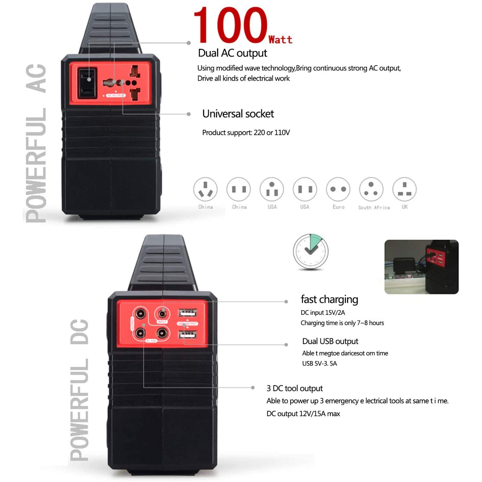 Przenośna stacja zasilająca 100 W, 40800 mAh, zewnętrzny generator solarny z portem AC/DC/USB, latarka LED, zasilanie awaryjne, na kemping na zewnątrz, 220 V