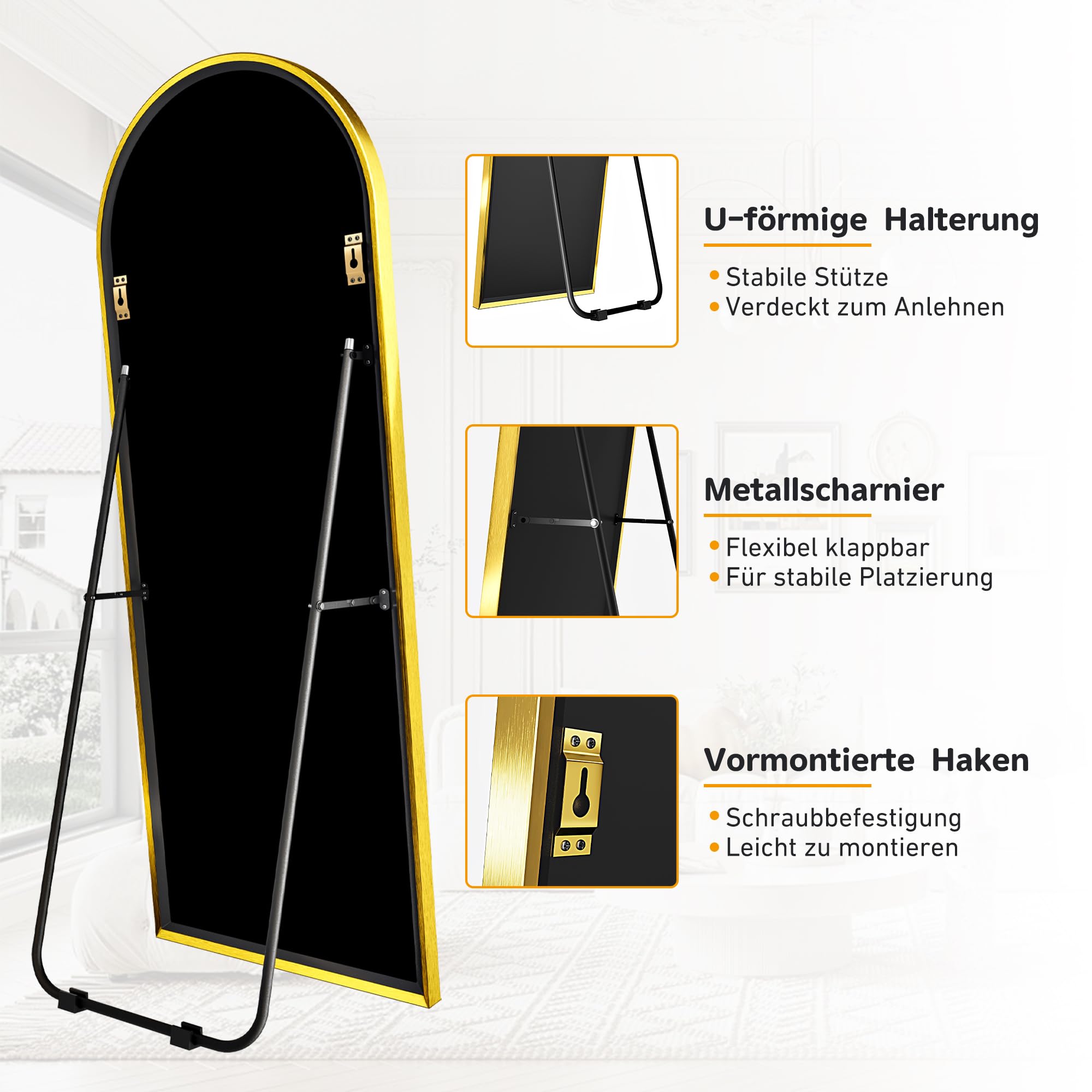CEIEVER Boog Spiegel - Volledige lengte, 160 x 50 cm grote vloer/wandspiegel voor woonkamer/slaapkamer (zwart