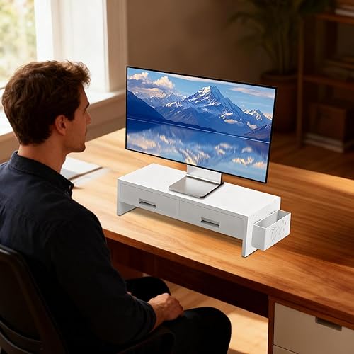 Miniatura 2 de Soporte elevador para monitor de escritorio, organizador de doble cajón, estante de escritorio ergonómico, estante de almacenamiento ajustable