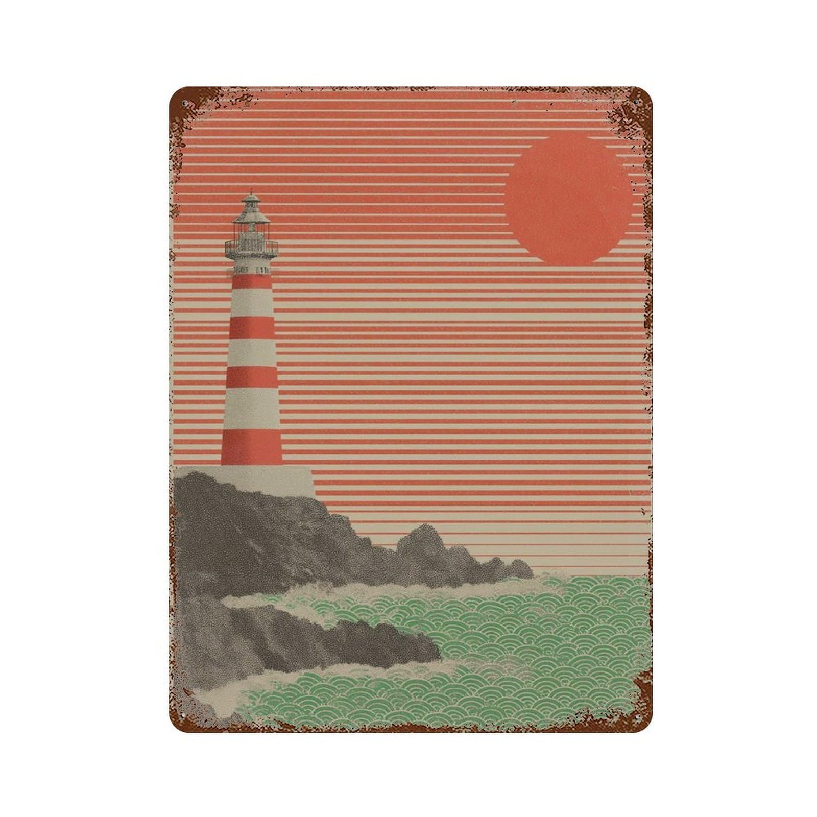 xiaoxiaoshen Lighthouse Coastal Sunrise Japanese Seascape Red Sun Ocean Waves Wall Decor Art Metal Tin Poster Modern Home Decor Art Home Bar Shop Decorations Vintage Sign 40x30cm