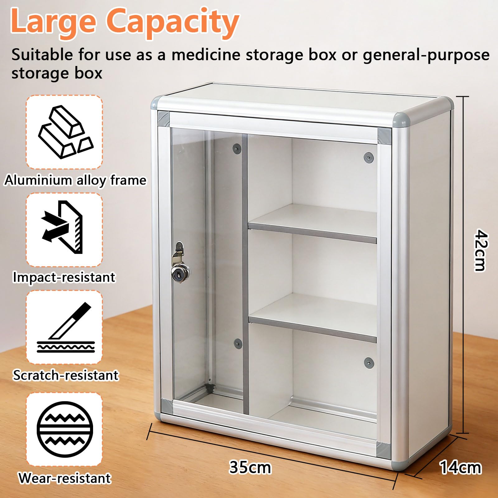 Armoire à pharmacie avec serrure à clé - Boîte à pharmacie murale verrouillable avec 4 compartiments - Boîte de rangement verrouillable avec porte transparente - Grande capacité - Armoire de premiers