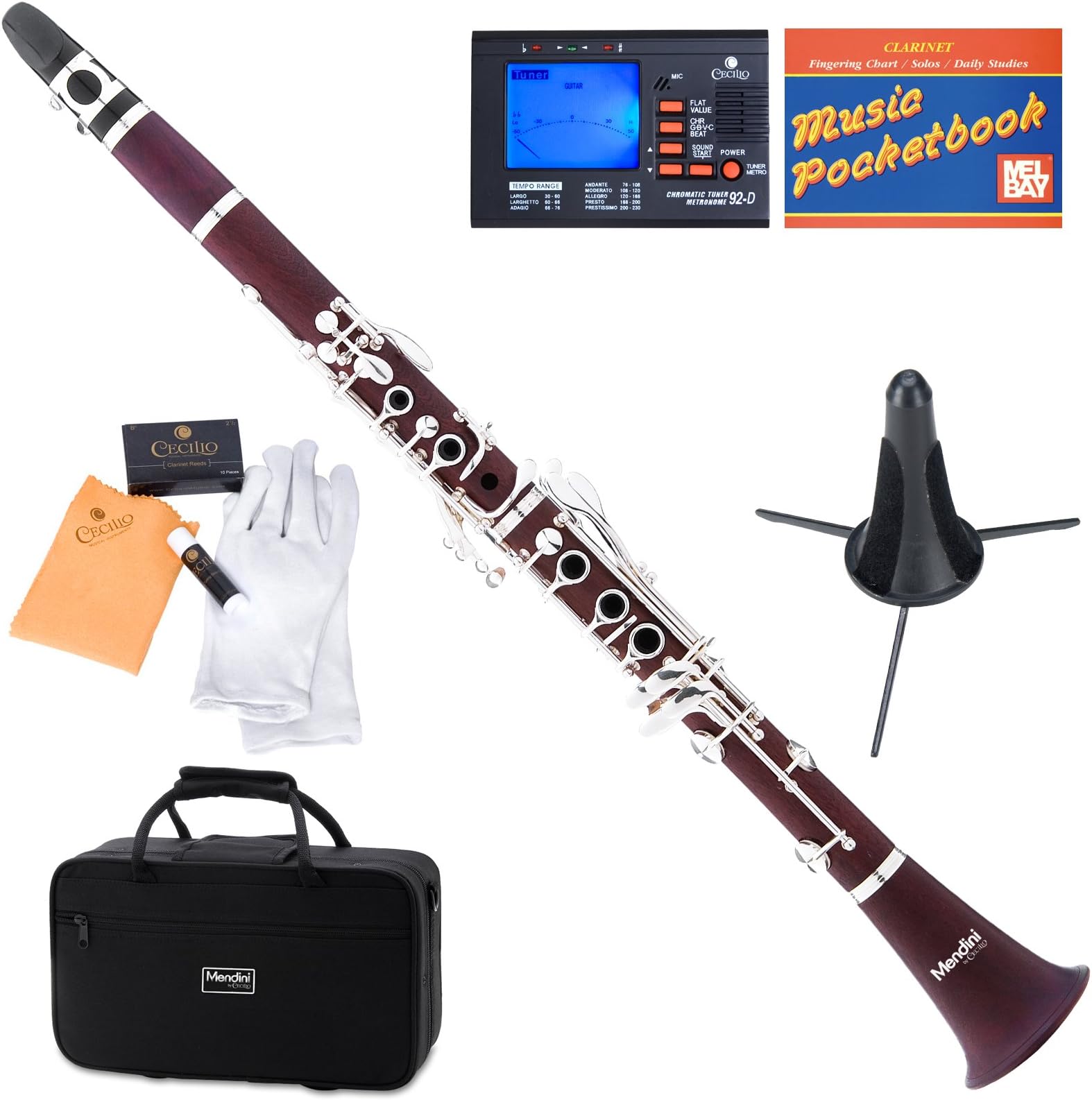 Mendini MCT-30+SD+PB+92D Intermediate Solid Rosewood B Flat Clarinet with Tuner, Case, Stand, Mouthpiece, 10 Reeds and More