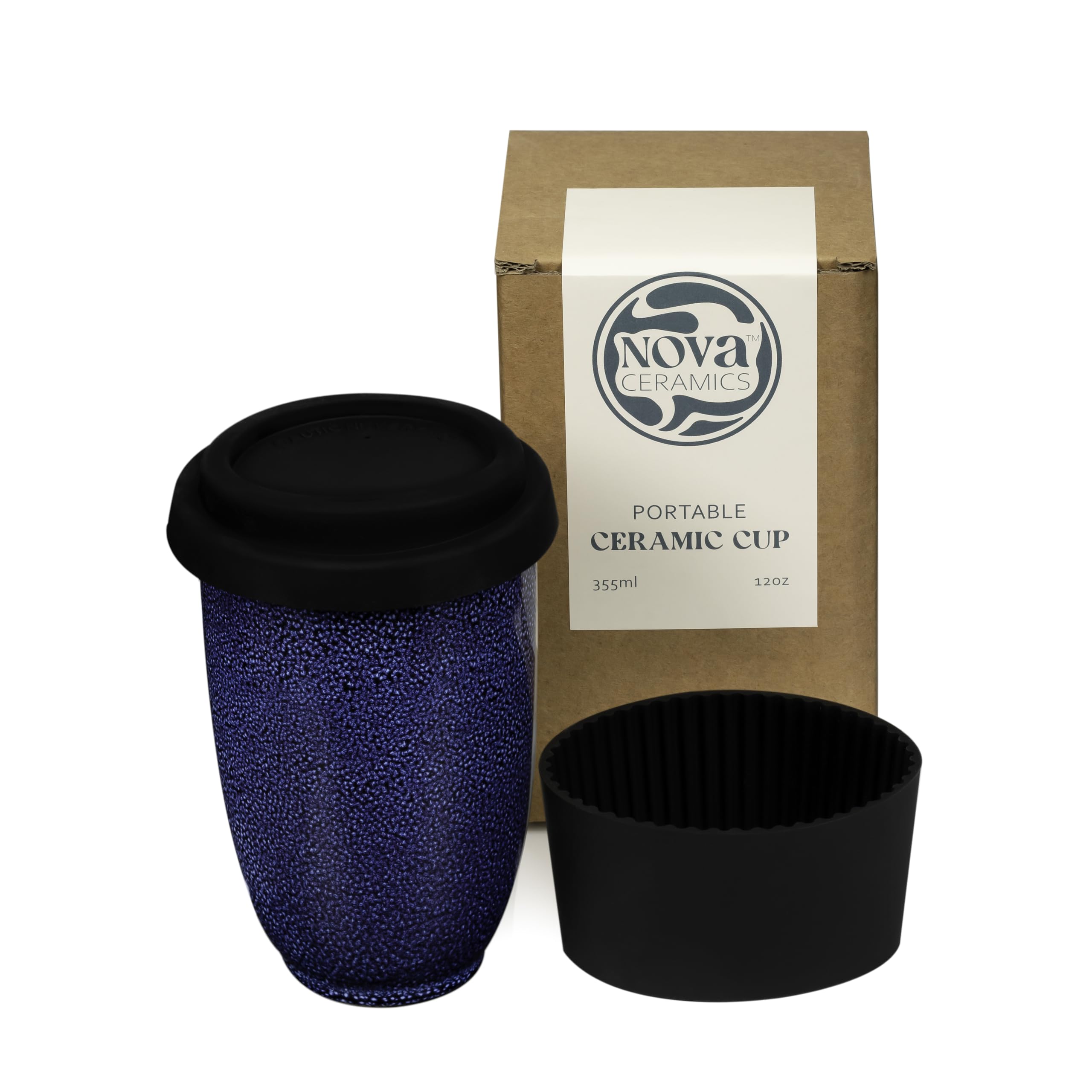 NOVA CERAMICS Travel Mug - Ceramic Travel Mug With Lid – Travel Coffee Mug Unique To Go Coffee Cup – Microwave &amp; Dishwasher Safe Coffee Tumbler - Gifts For Women Men Him Her – 12oz - Abyss