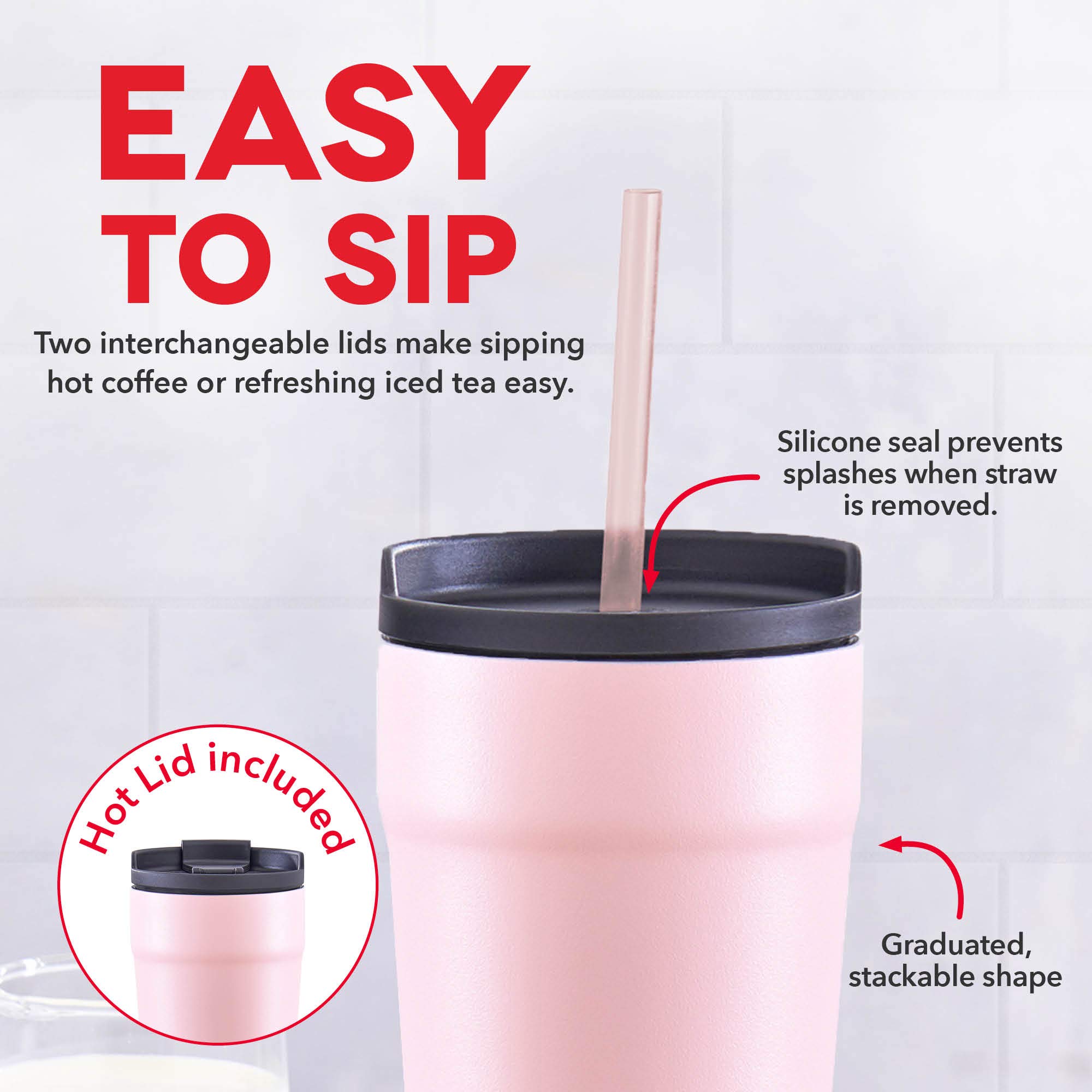 DASH Bicchiere da 590 ml con coperchio a prova di fuoriuscite e cannuccia, tazza da caffè isolata sottovuoto, tazza da viaggio a doppia parete verniciata a polvere, rosa