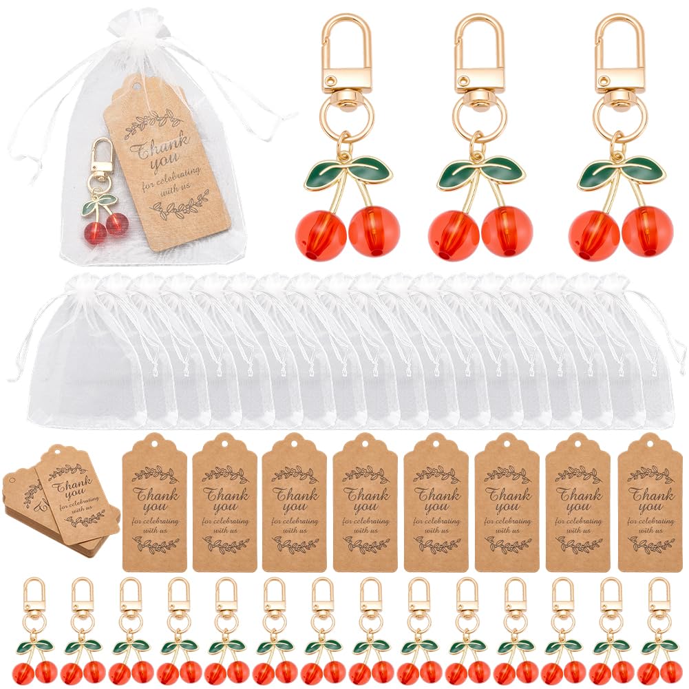 CRASPIRE 24 Set Portachiavi Ciliegia Rossa all'Ingrosso Bomboniera Regali di Nozze con Sacchetto di Organza Etichetta di Ringraziamento Portachiavi di Frutta Ciondolo Accessori Regalo Souvenir