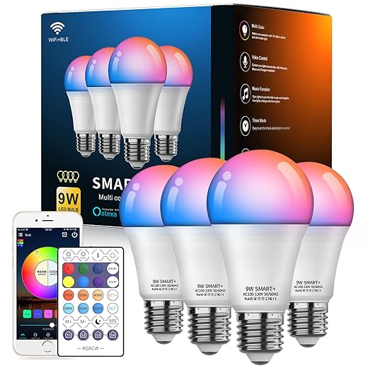 Smart Light Bulbs 4Pack with Remote, A19 E26 800LM LED Color Changing Light Bulb, WiFi & Bluetooth 5.0, Warm to Cool White, Dimmable, RGB Smart Home Lighting Work with Alexa Google Assistant