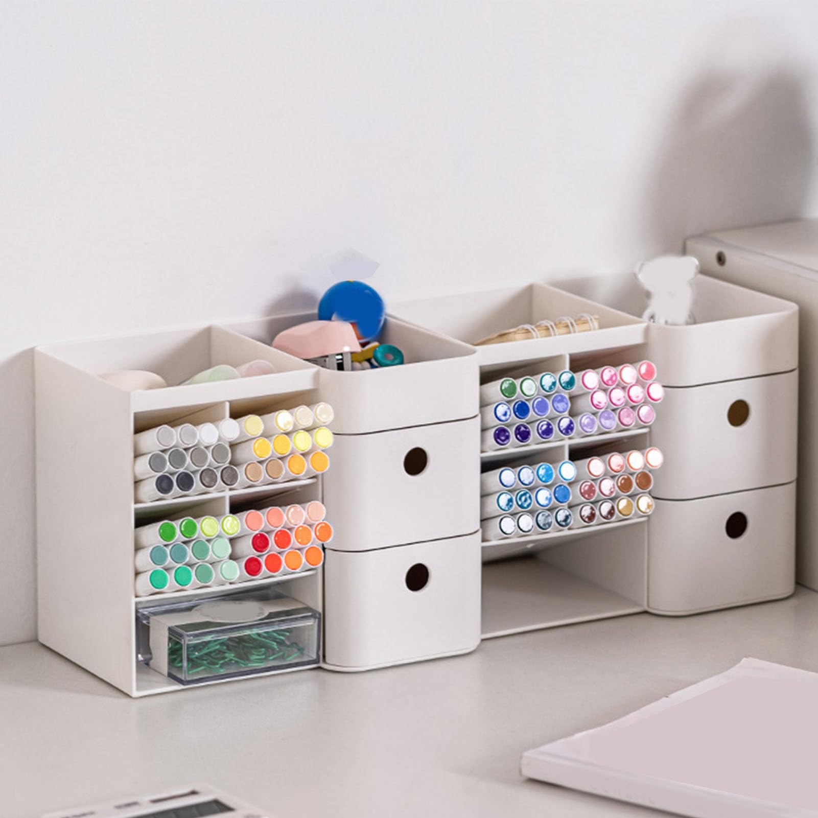 Organizer da scrivania in plastica, multifunzione, bianco, con portapenne inclinato, organizer per evidenziatori, graffette, raccoglitori