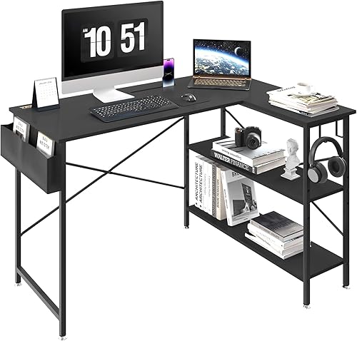 VEVOR Escritorio de computadora en forma de L de 47 pulgadas, escritorio de esquina con estantes de almacenamiento, ranura para teléfono y gancho