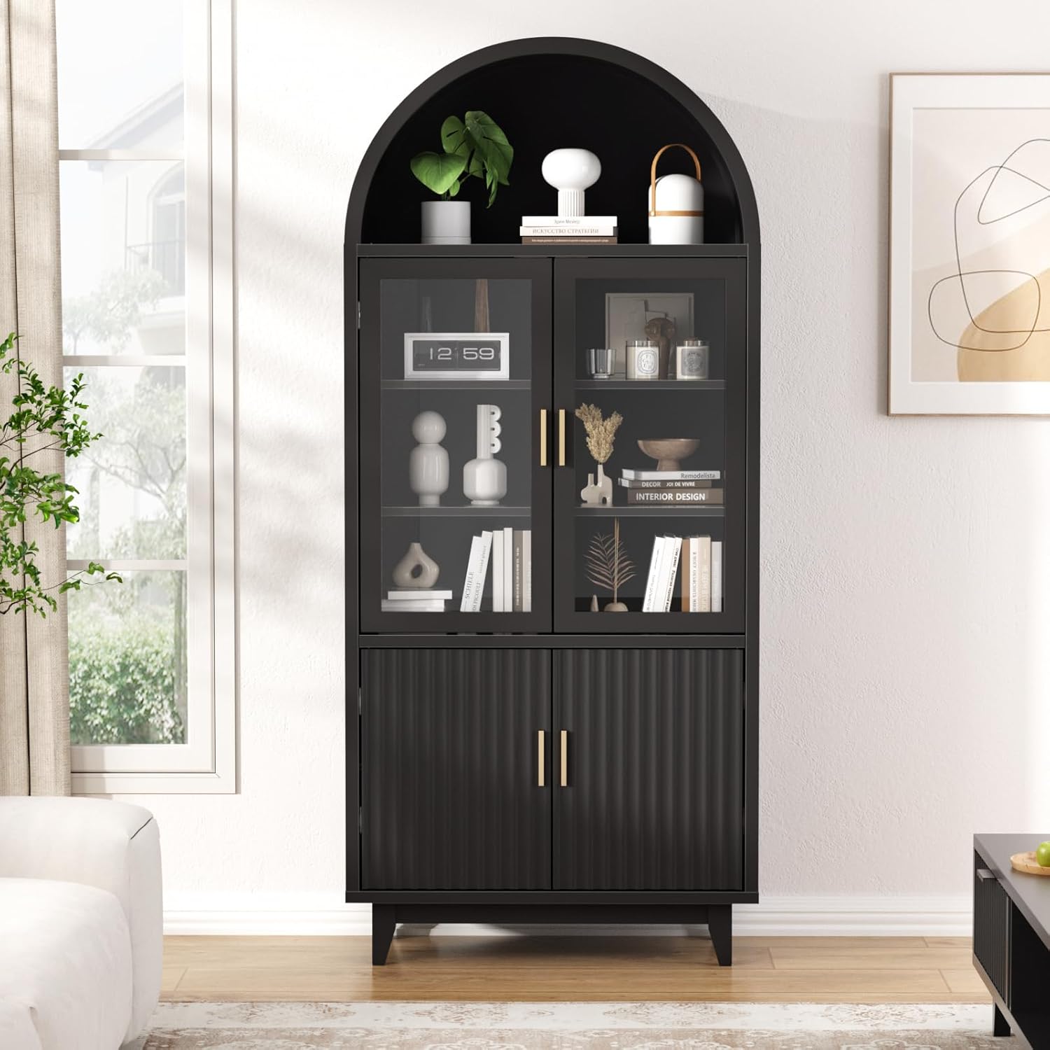 Arched Cabinet with Glass Doors, Fluted Tall Pantry with Solid Wood Legs, 71" Modern Accent Cabinet for Living Room, Kitchen, Dining Room, Entryway, Black