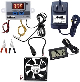 Shockley XH-W3001-50 to 110c Intelligent Digital Thermostat temperature controller combo XH-W3001 (12V Without Direct Output) + 12V 2AMP Adapter + FAN + Alligator Clips + DC Female JACK + Thermometer TPM - 10