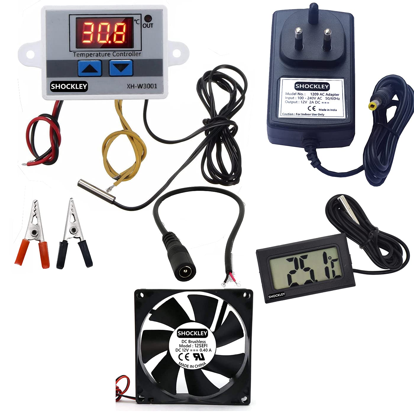 Shockley XH-W3001-50 to 110c Intelligent Digital Thermostat temperature controller combo XH-W3001 (12V Without Direct Output) + 12V 2AMP Adapter + FAN + Alligator Clips + DC Female JACK + Thermometer TPM - 10