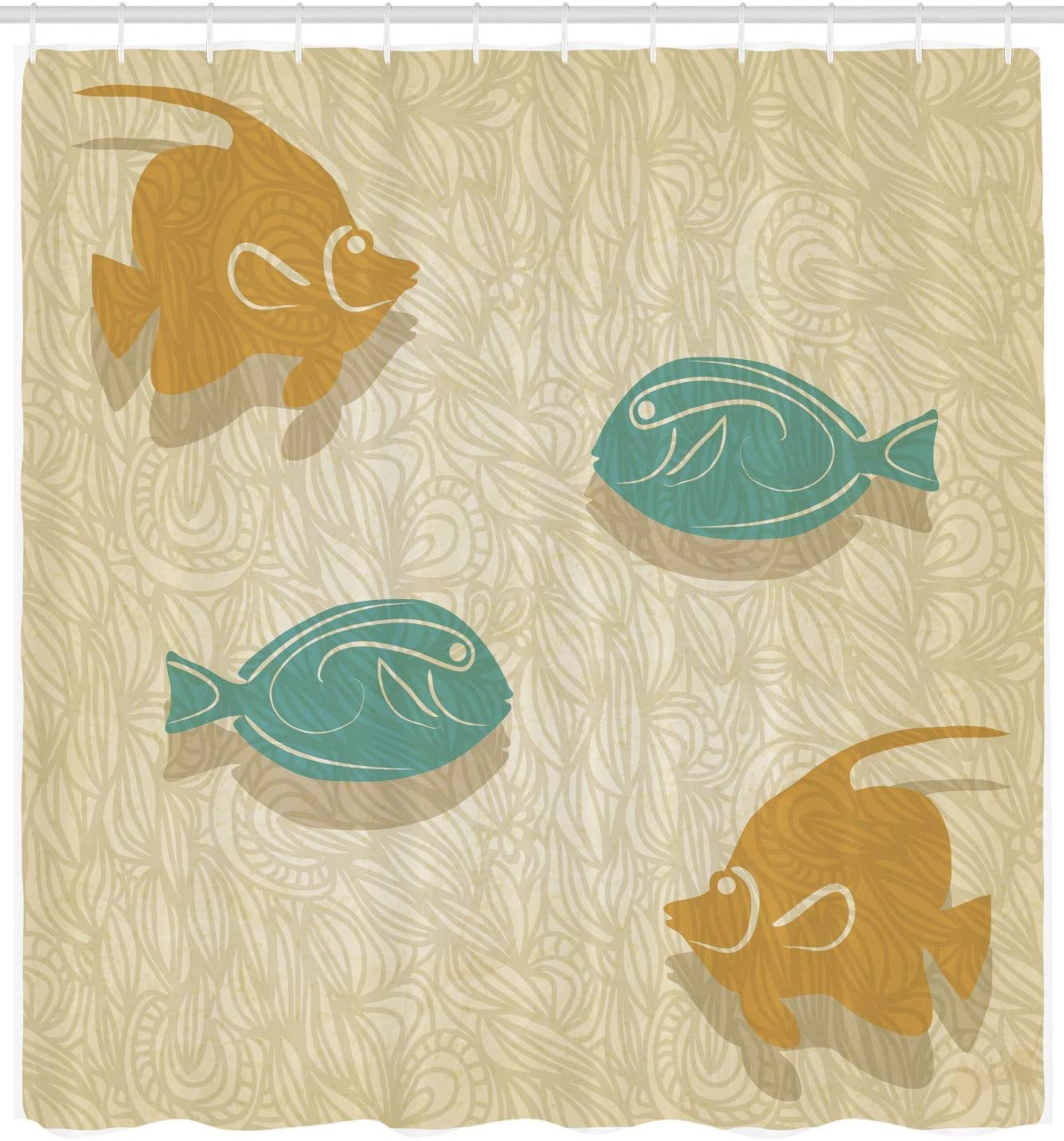 Ambesonne Fish and Wave Shower Curtain, Aquarium Marine Ocean Themed Fishing Theme Vintage, Cloth Fabric Bathroom Decor Set with Hooks, 69" W x 84" L, Beige Teal