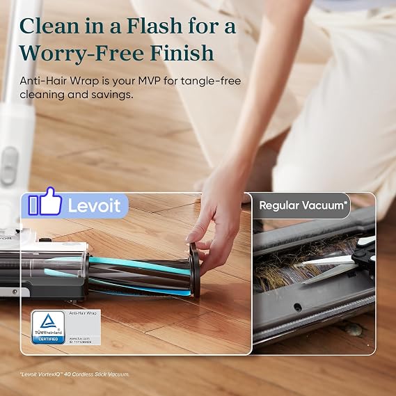 LEVOIT Cordless Stick Vacuum, Anti-Tangle, LED Headlights, Removable Battery, Self-Standing, Strong Suction, for Pet Hair, Hard Floor, Carpet, LVAC-200 White&Blue